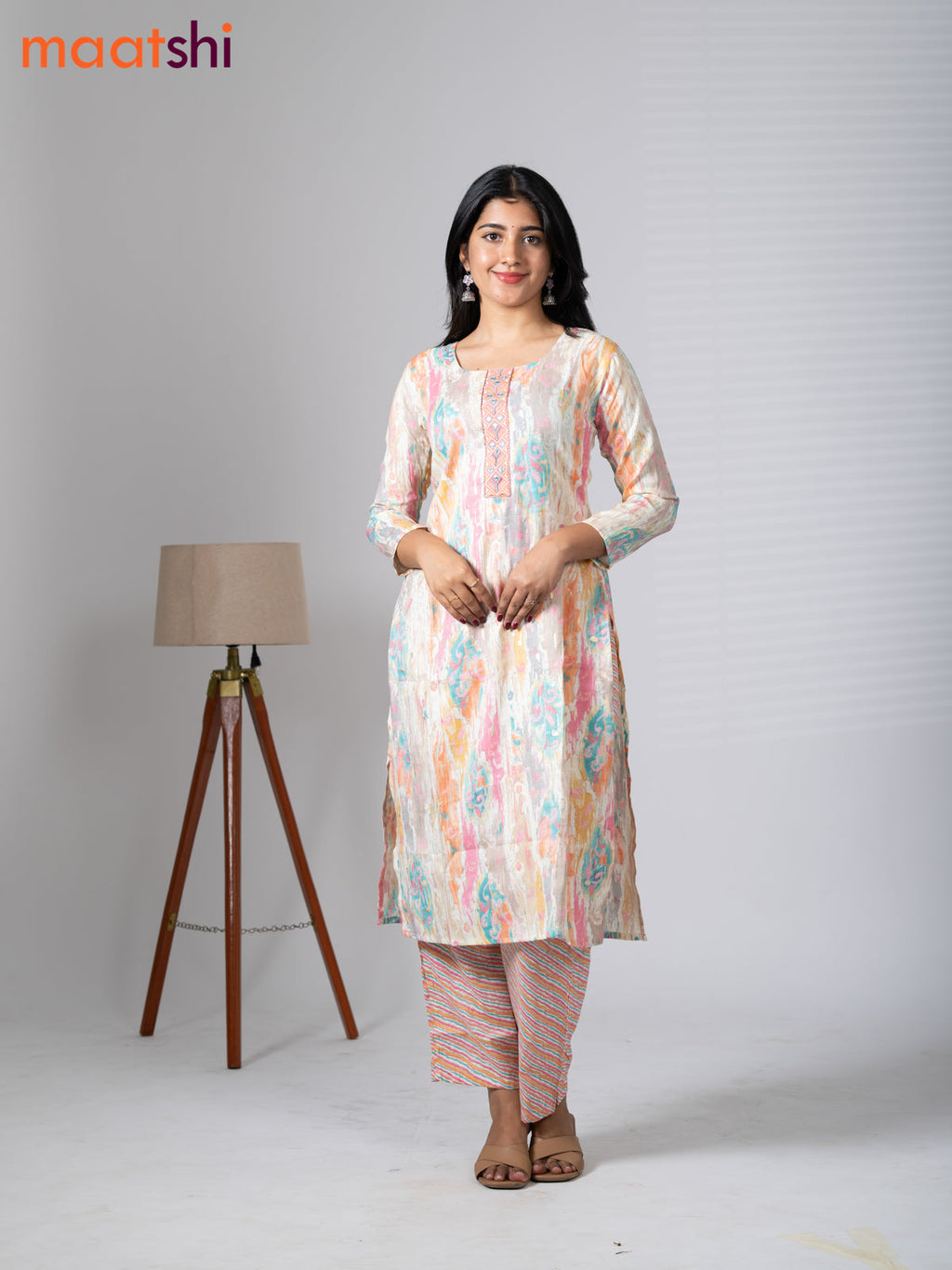 Rayon kurti set cream and multi colour with allover prints & embroidery mirror work neck pattern and straight cut pant