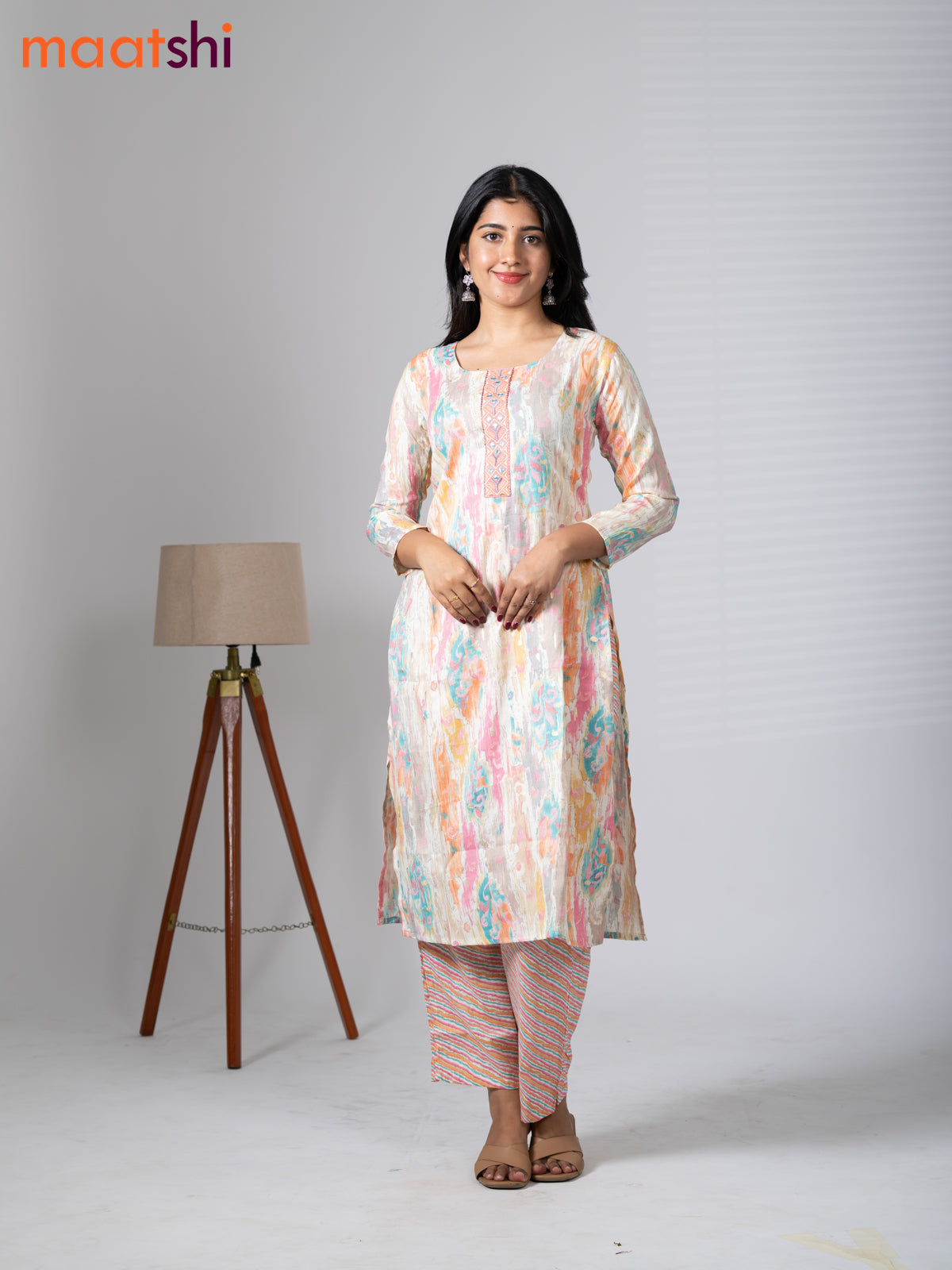 Rayon kurti set cream and multi colour with allover prints & embroidery mirror work neck pattern and straight cut pant