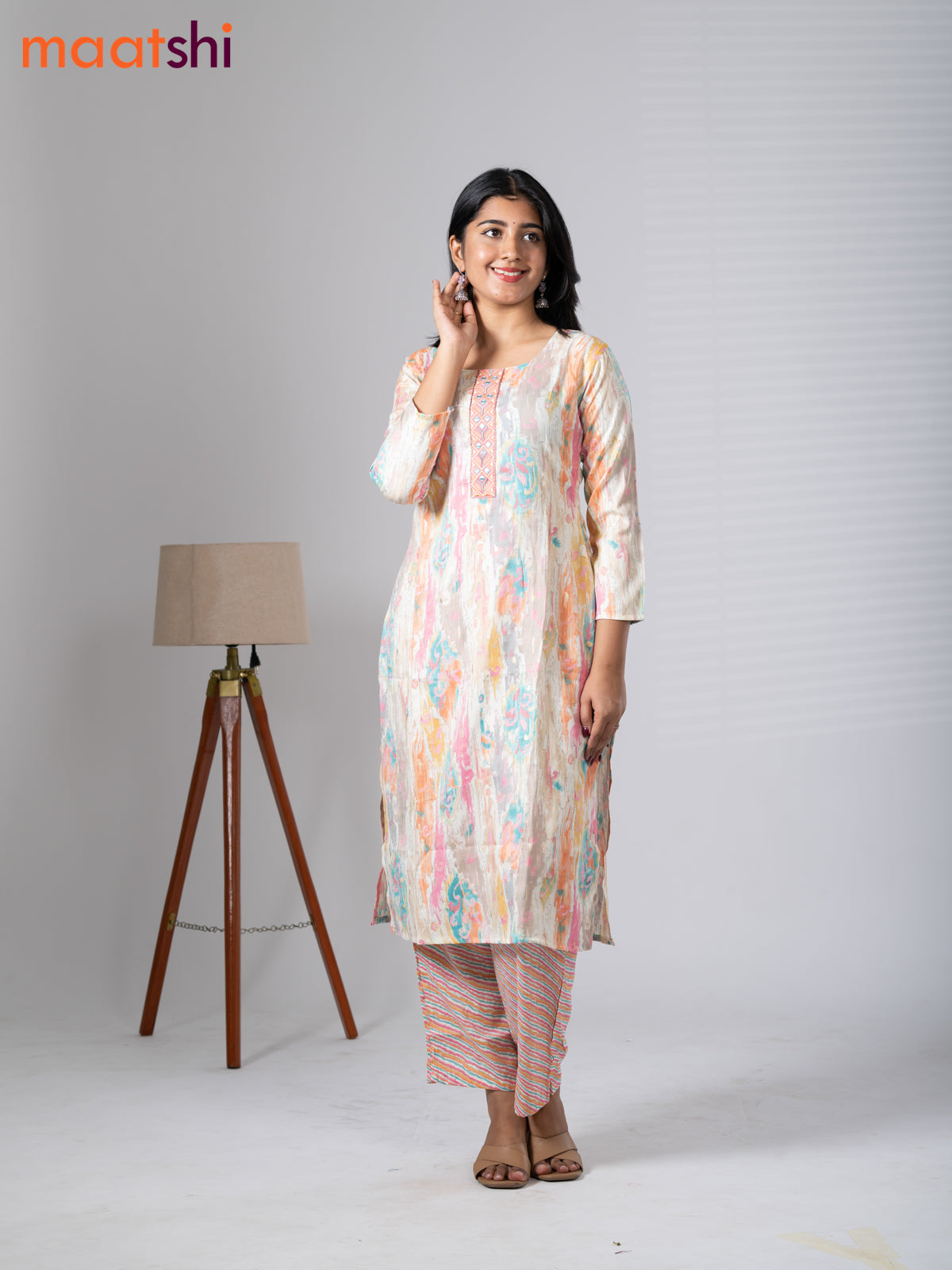 Rayon kurti set cream and multi colour with allover prints & embroidery mirror work neck pattern and straight cut pant