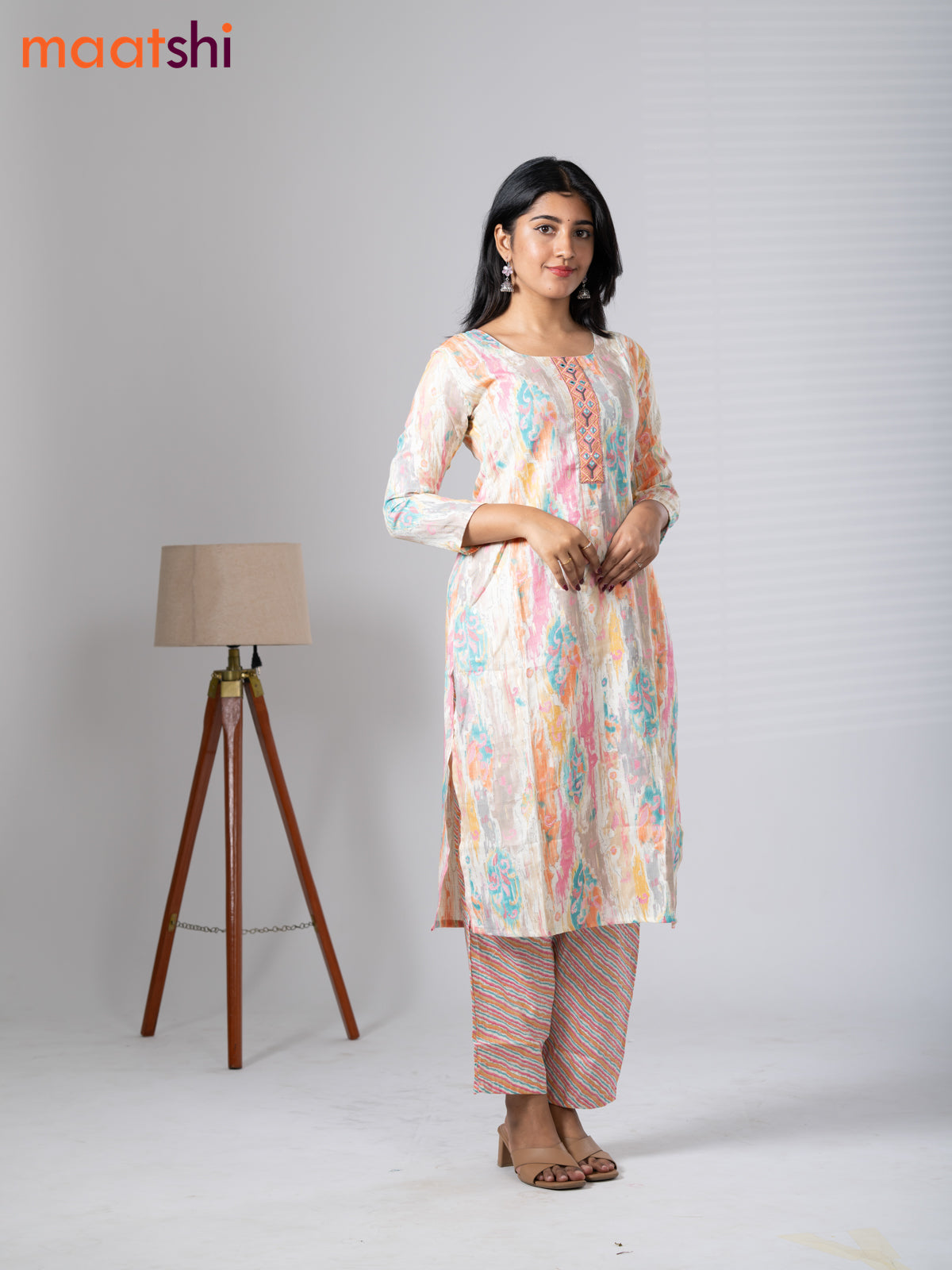 Rayon kurti set cream and multi colour with allover prints & embroidery mirror work neck pattern and straight cut pant