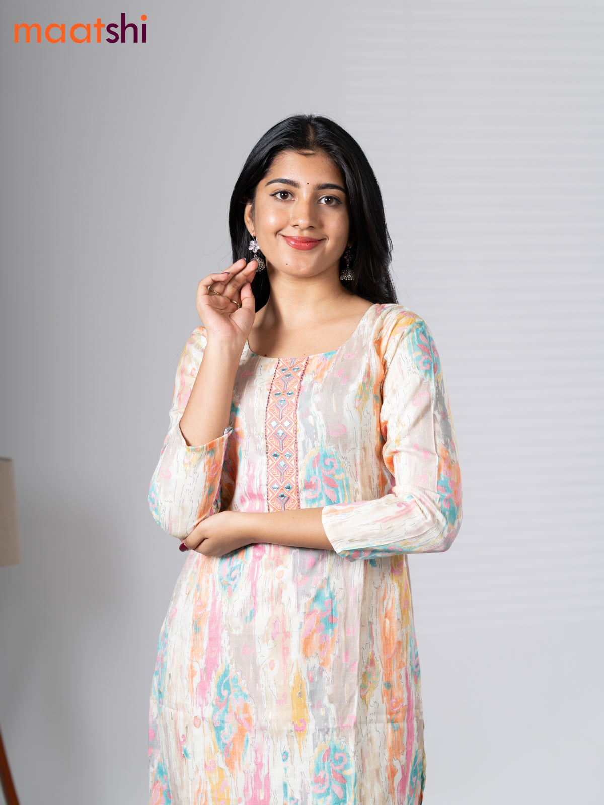 Rayon kurti set cream and multi colour with allover prints & embroidery mirror work neck pattern and straight cut pant