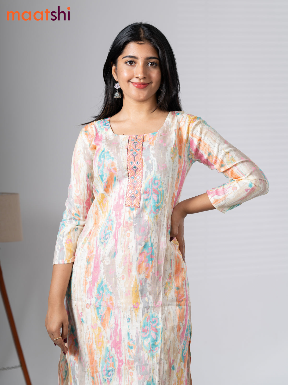 Rayon kurti set cream and multi colour with allover prints & embroidery mirror work neck pattern and straight cut pant