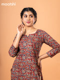 Cotton readymade kurti maroon and beige with kalamkari prints & kantha stitch sequin work neck pattern and without pant