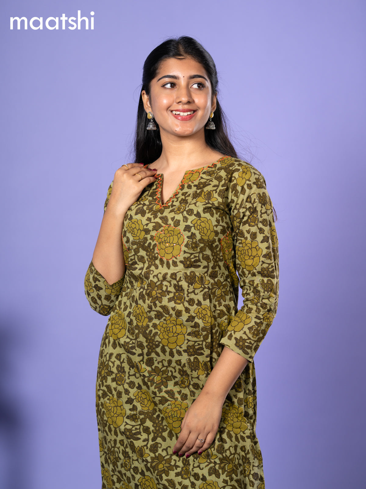 Cotton readymade kurti sap green with allover floral prints & kantha work and without pant