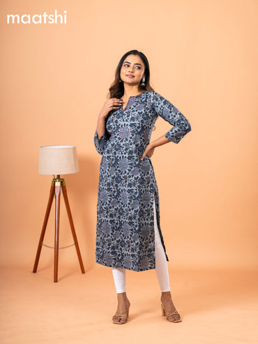 Cotton readymade kurti pastel blue with kalamkari prints & kantha stitch work neck pattern and without pant