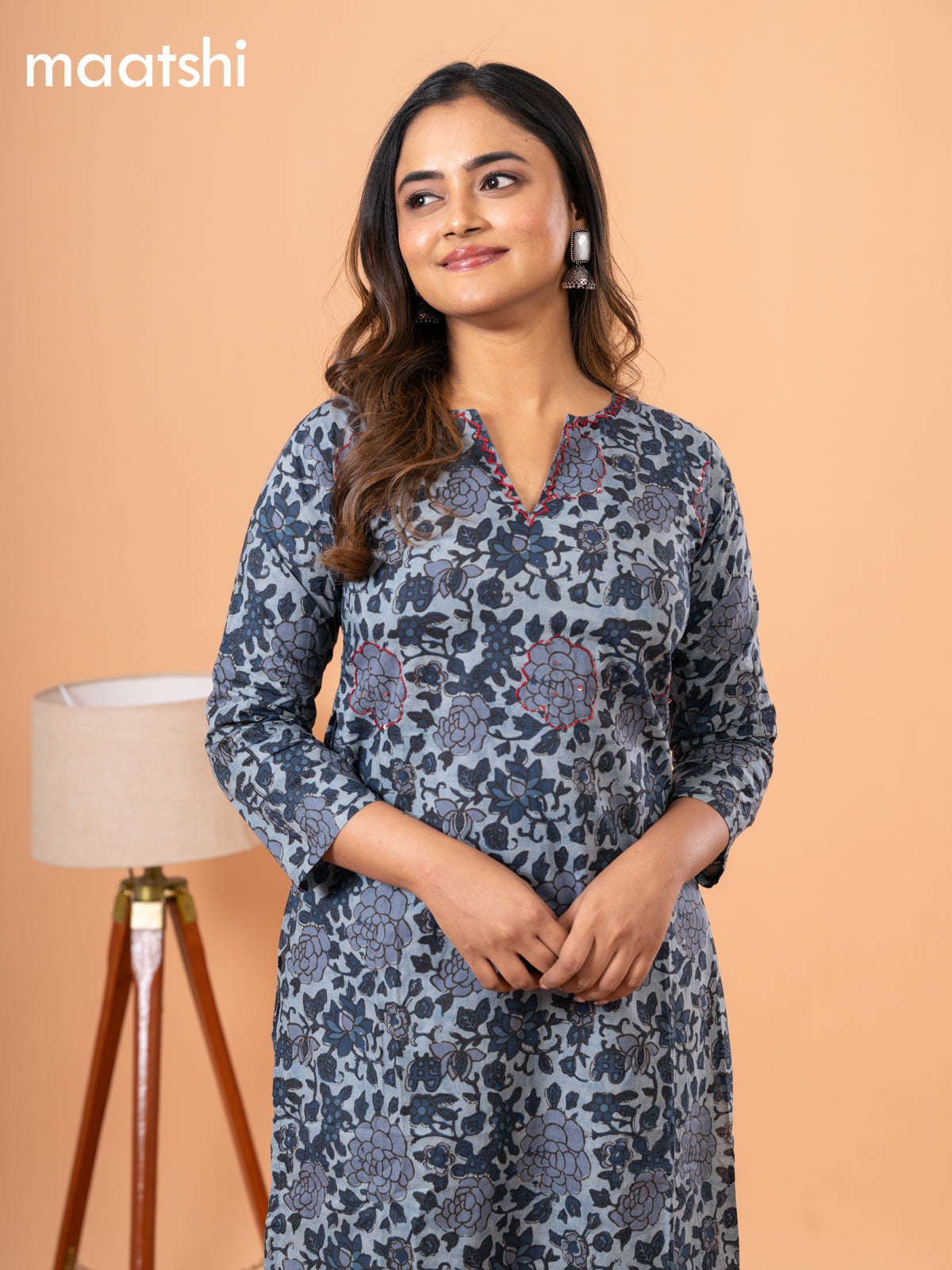 Cotton readymade kurti pastel blue with kalamkari prints & kantha stitch work neck pattern and without pant