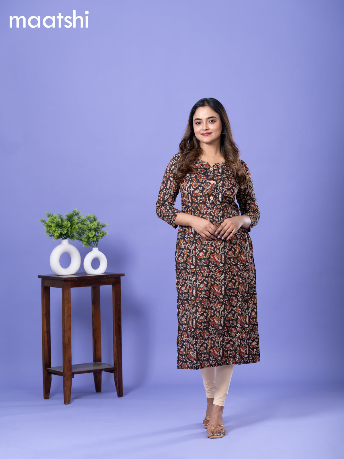 Cotton readymade kurti black and maroon with allover kalamkari prints & simple neck pattern and without pant