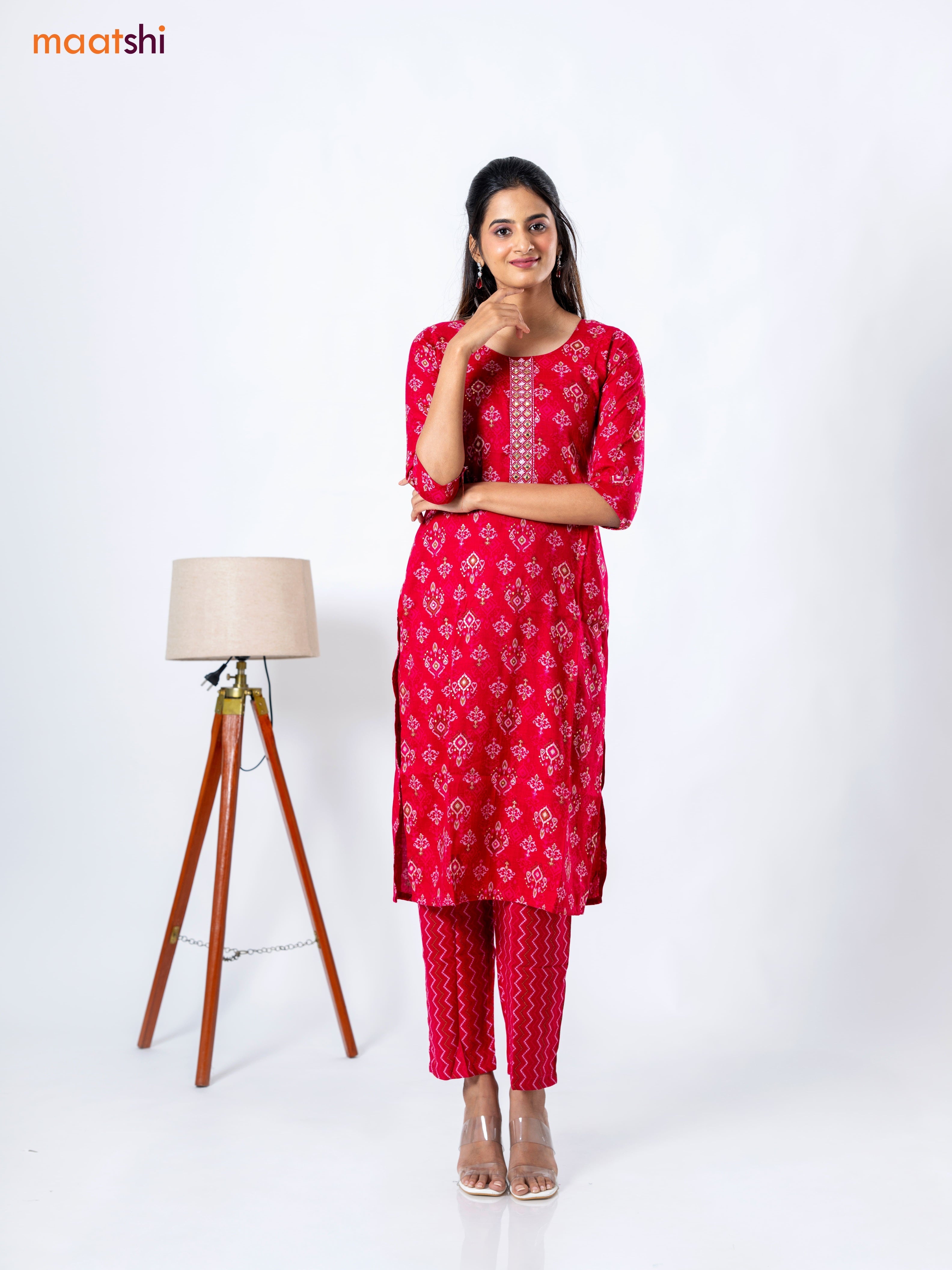 Rayon readymade kurti set pink with allover ikat prints &embroidery work neck pattern and straight cut pant