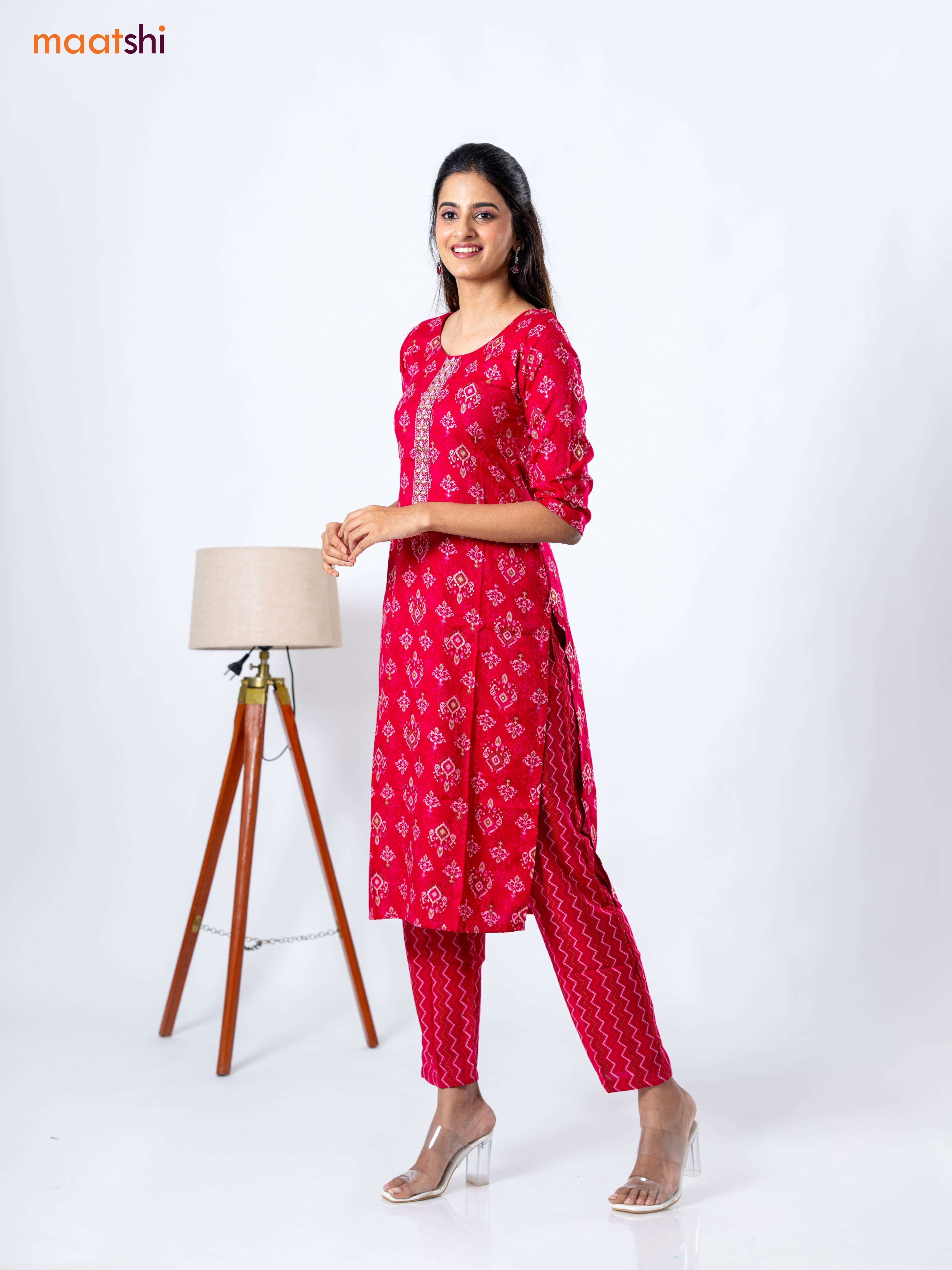 Rayon readymade kurti set pink with allover ikat prints &embroidery work neck pattern and straight cut pant