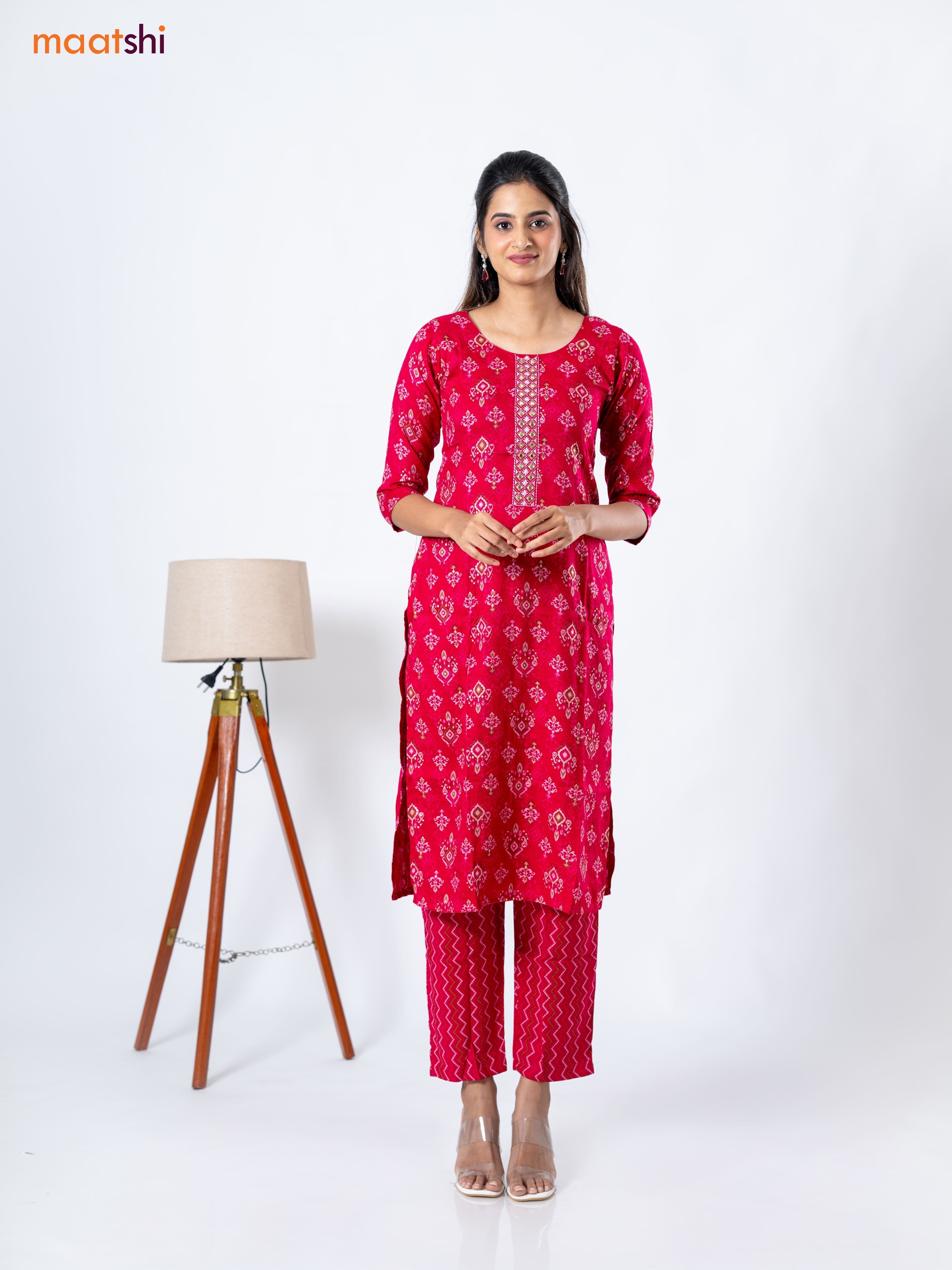 Rayon readymade kurti set pink with allover ikat prints &embroidery work neck pattern and straight cut pant