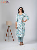 Rayon cotton readymade kurti set cream and teal blue green with allover floral prints & embroidery work neck pattern and straight cut pant