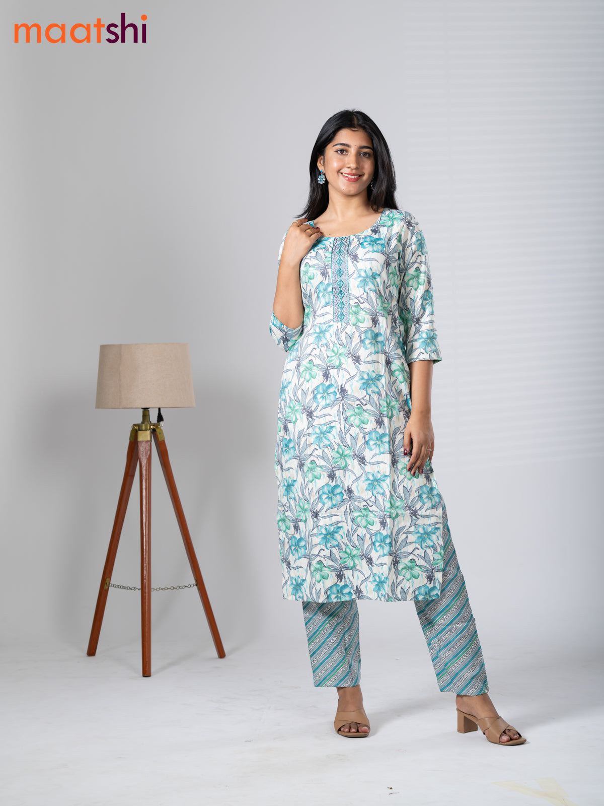Rayon cotton readymade kurti set cream and teal blue green with allover floral prints & embroidery work neck pattern and straight cut pant