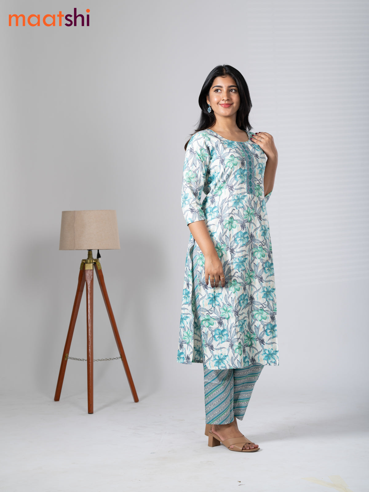 Rayon cotton readymade kurti set cream and teal blue green with allover floral prints & embroidery work neck pattern and straight cut pant