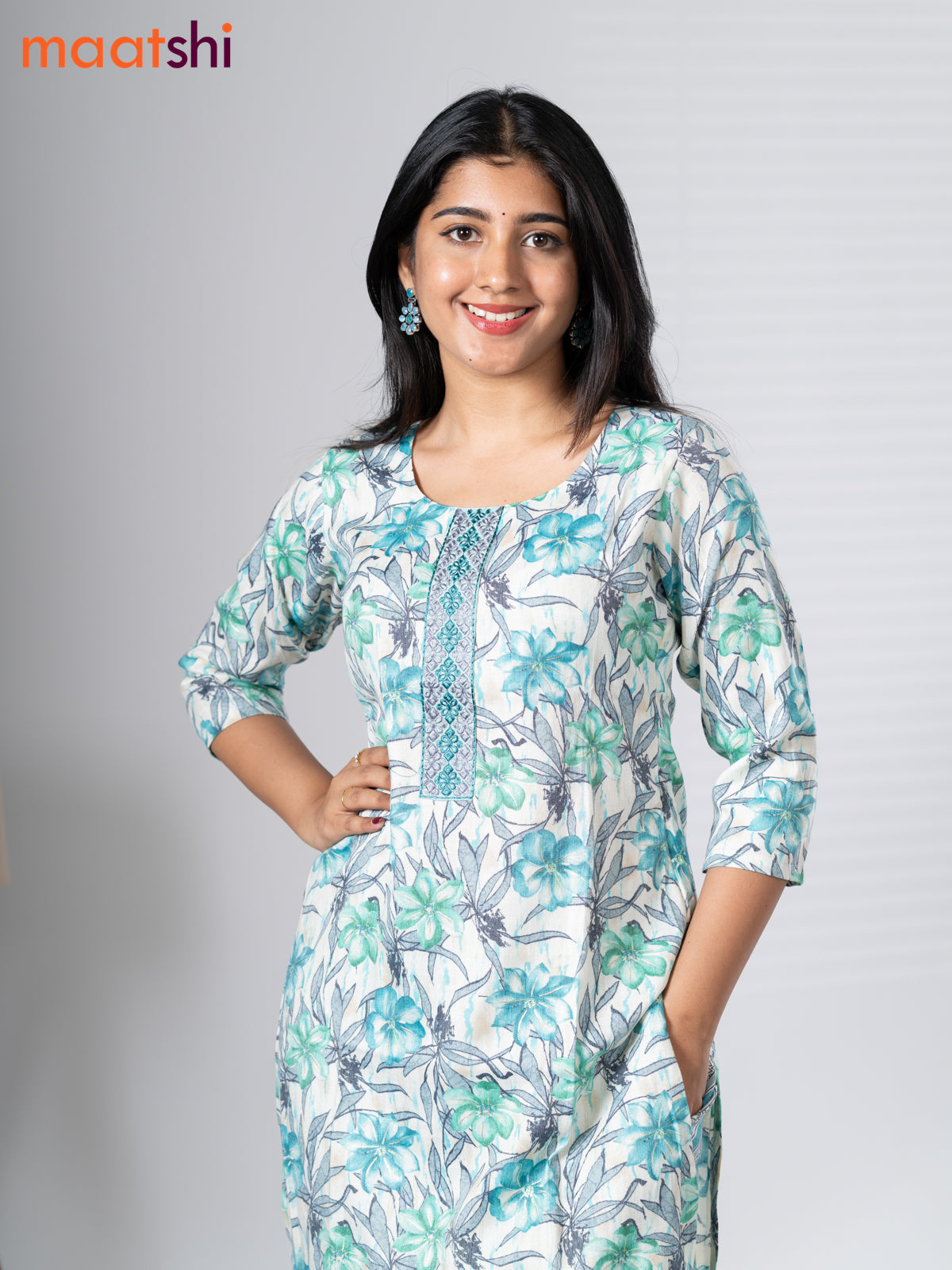 Rayon cotton readymade kurti set cream and teal blue green with allover floral prints & embroidery work neck pattern and straight cut pant