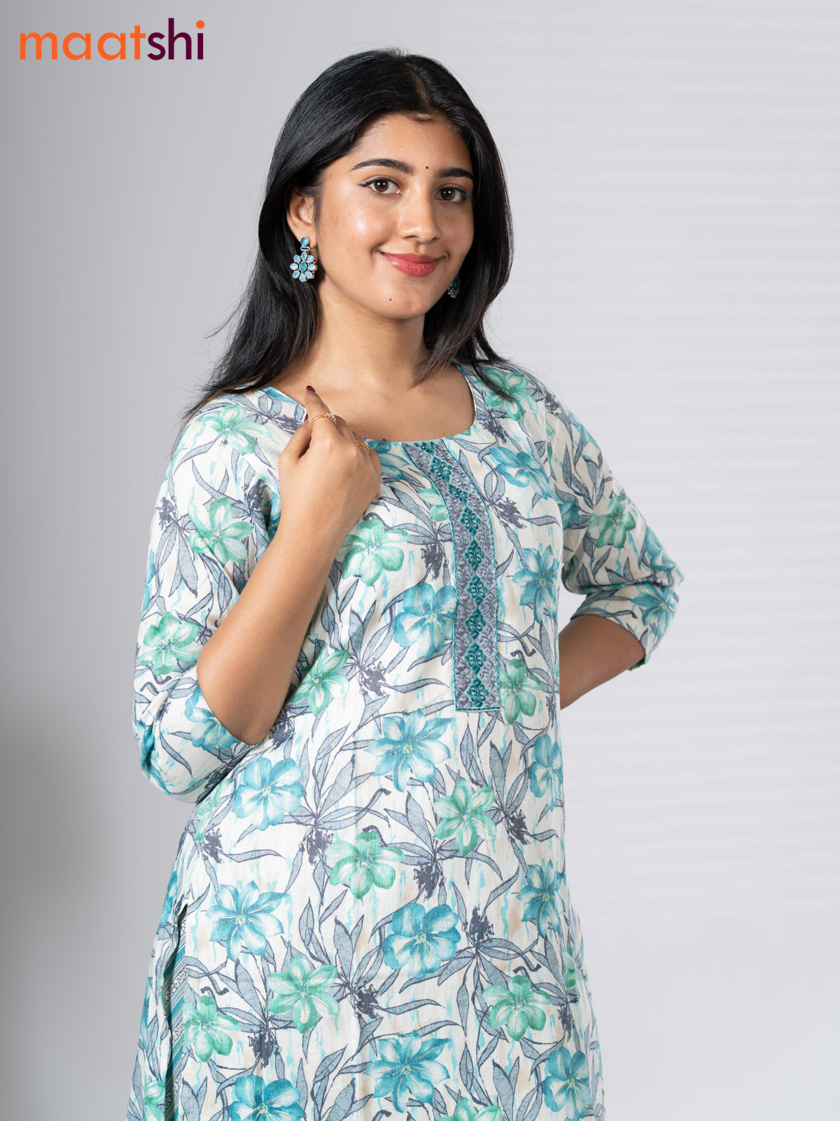 Rayon cotton readymade kurti set cream and teal blue green with allover floral prints & embroidery work neck pattern and straight cut pant