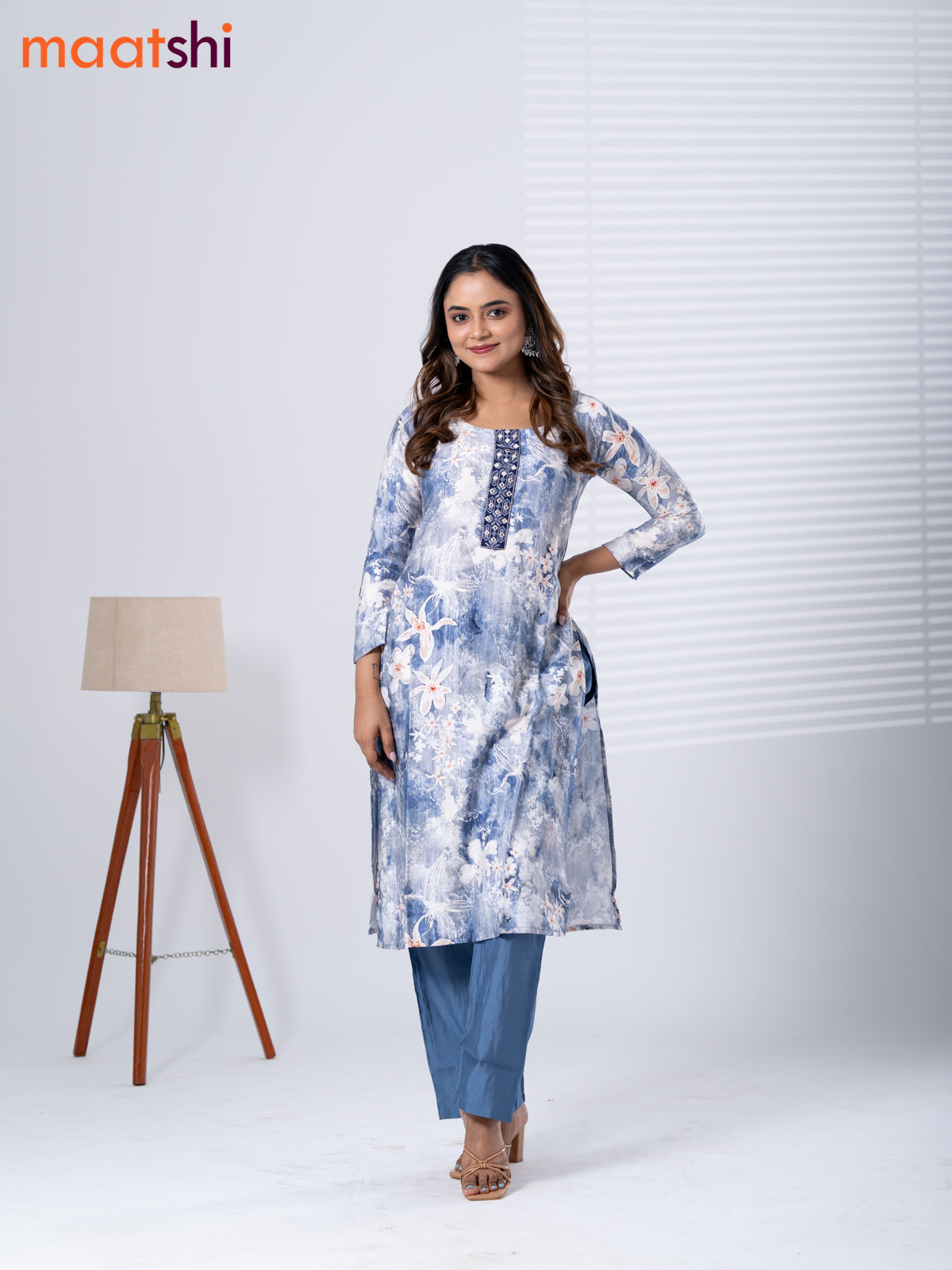 Rayon cotton readymade kurti set off white and bluish grey with allover floral prints & embroidery mirror work neck pattern and straight cut pant