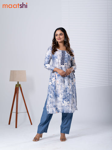 Rayon cotton readymade kurti set off white and bluish grey with allover floral prints & embroidery mirror work neck pattern and straight cut pant
