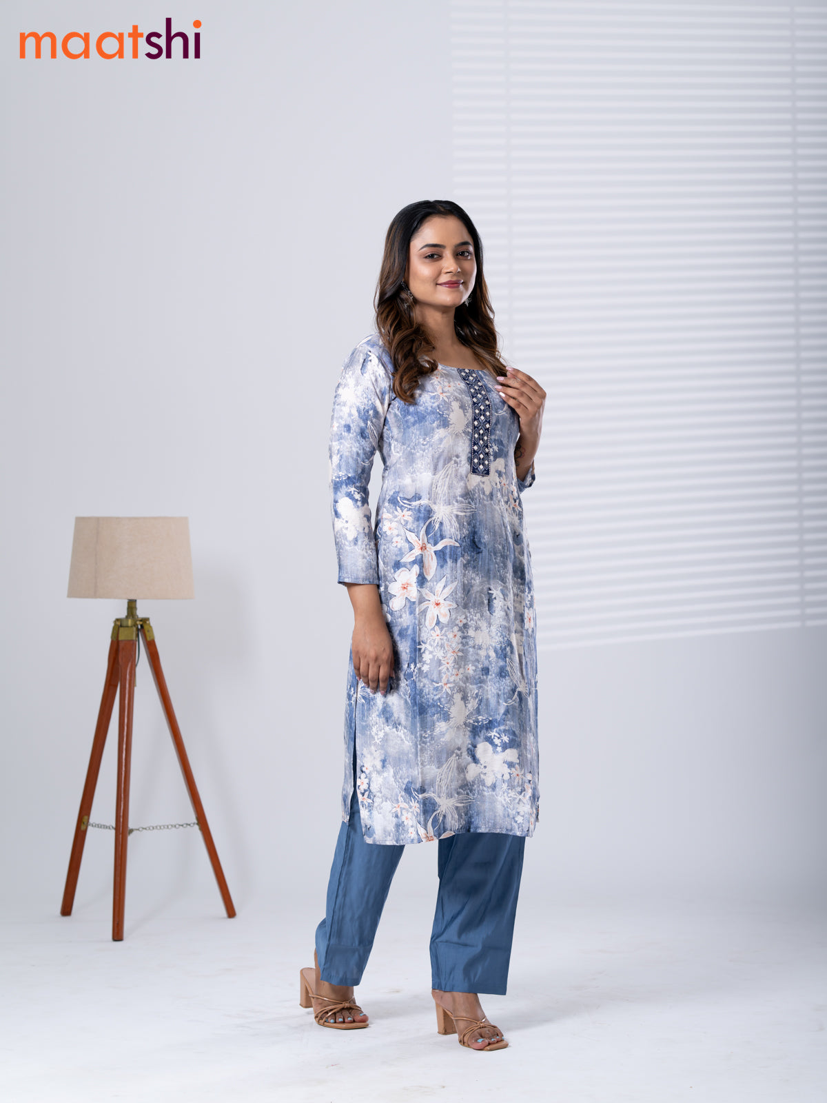 Rayon cotton readymade kurti set off white and bluish grey with allover floral prints & embroidery mirror work neck pattern and straight cut pant