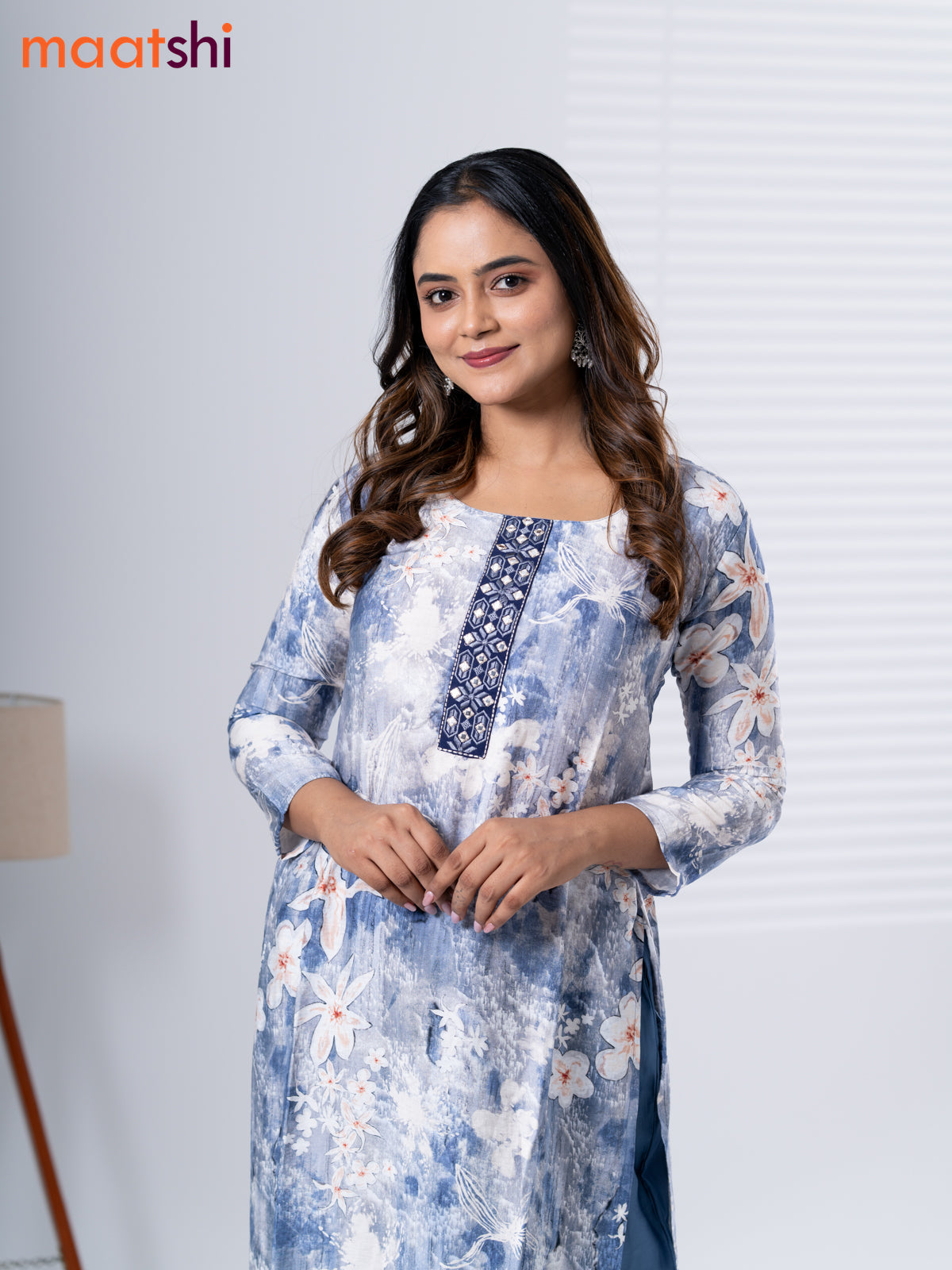 Rayon cotton readymade kurti set off white and bluish grey with allover floral prints & embroidery mirror work neck pattern and straight cut pant