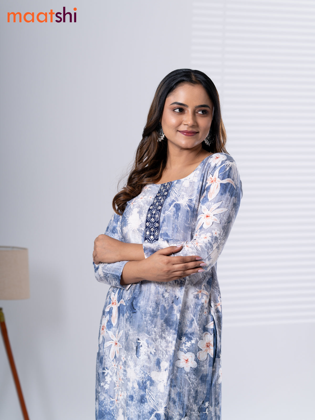 Rayon cotton readymade kurti set off white and bluish grey with allover floral prints & embroidery mirror work neck pattern and straight cut pant