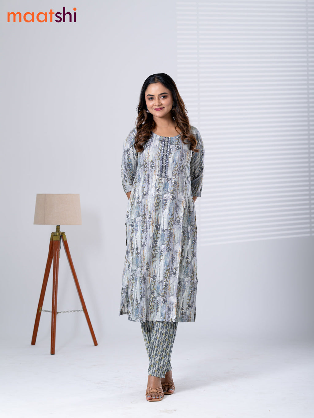 Rayon cotton readymade kurti set grey with allover floral prints & embroidery mirror work neck pattern and straight cut pant