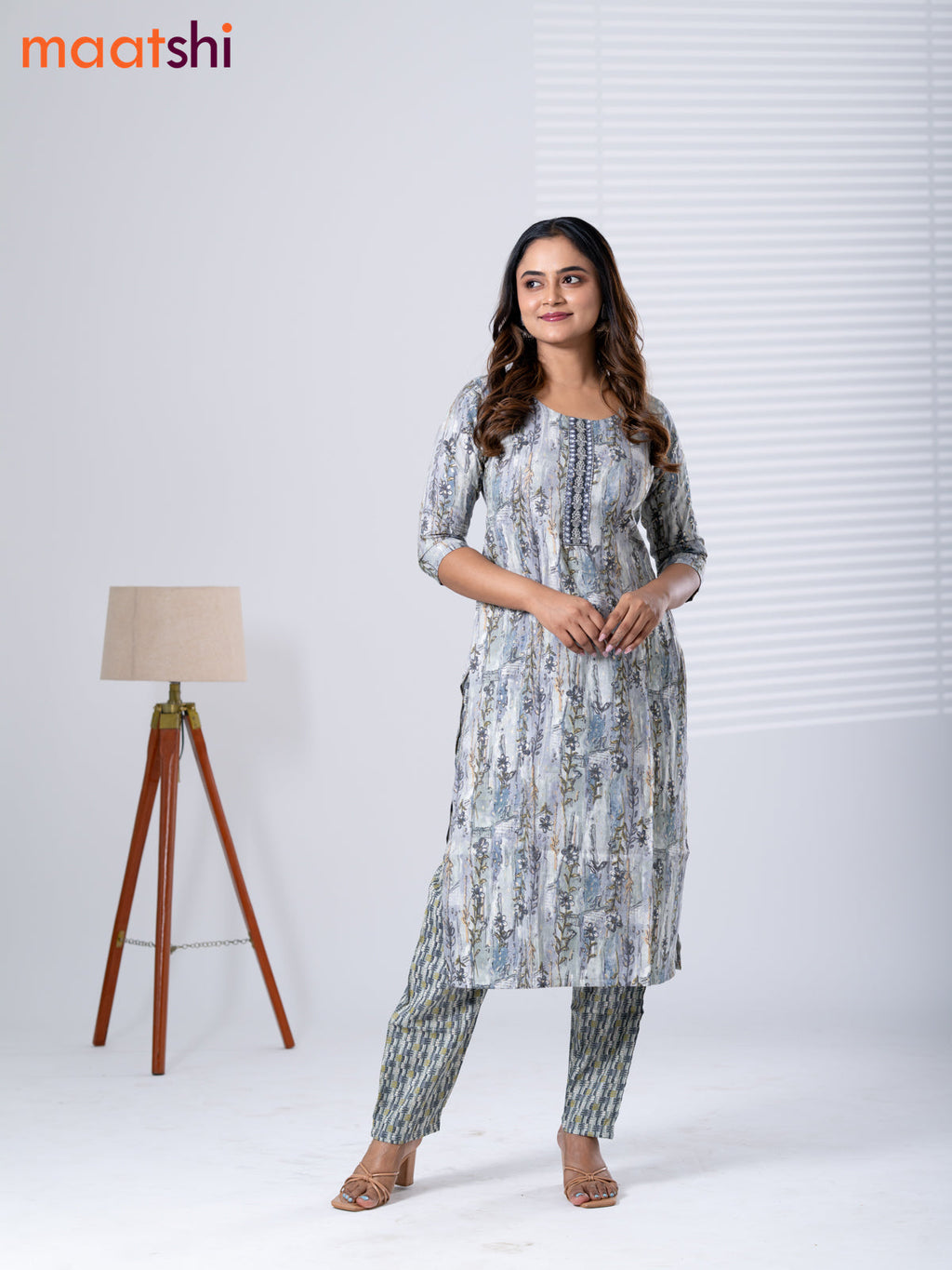 Rayon cotton readymade kurti set grey with allover floral prints & embroidery mirror work neck pattern and straight cut pant