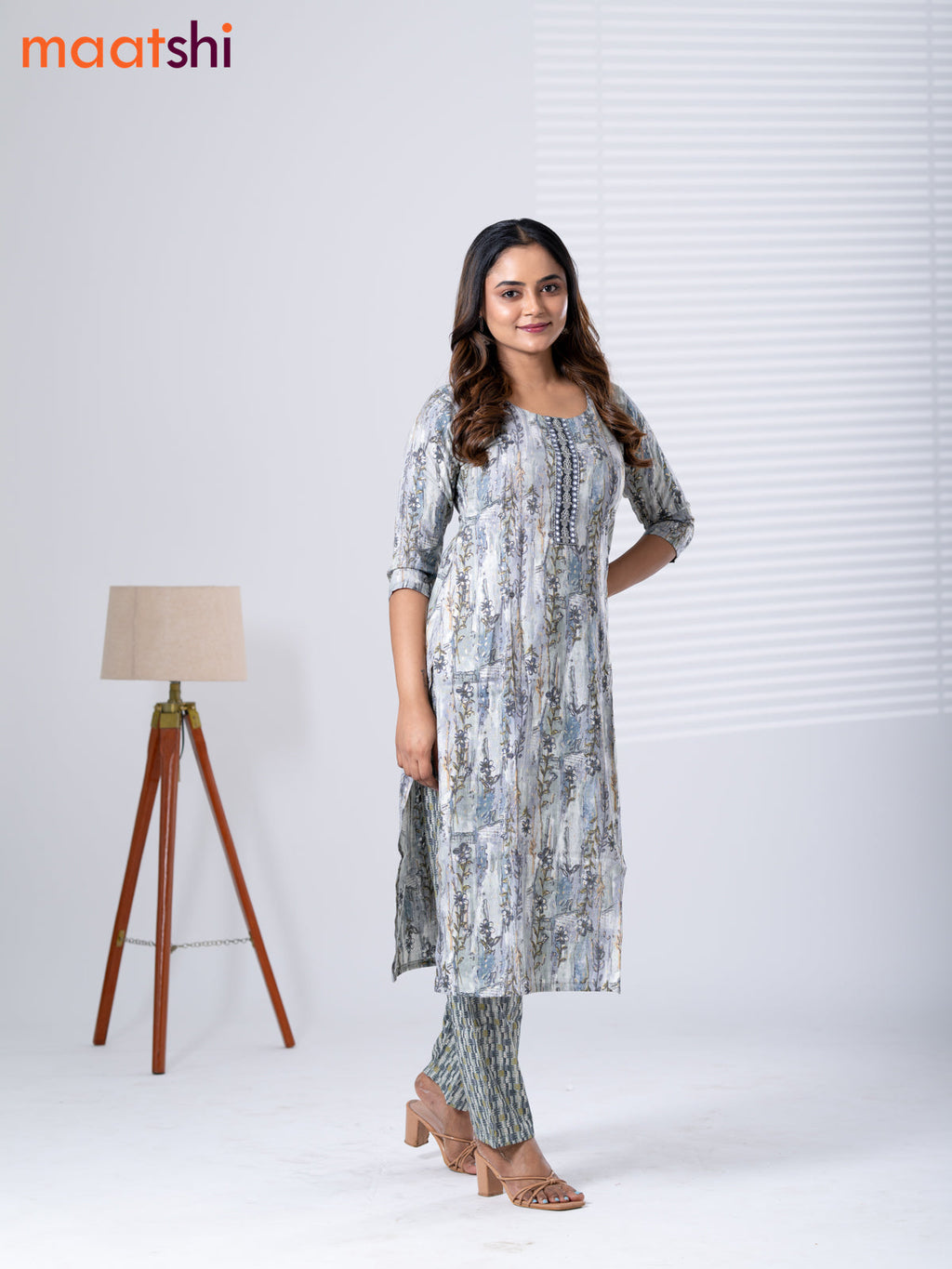 Rayon cotton readymade kurti set grey with allover floral prints & embroidery mirror work neck pattern and straight cut pant