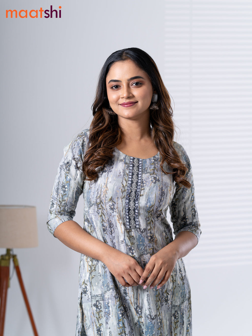 Rayon cotton readymade kurti set grey with allover floral prints & embroidery mirror work neck pattern and straight cut pant