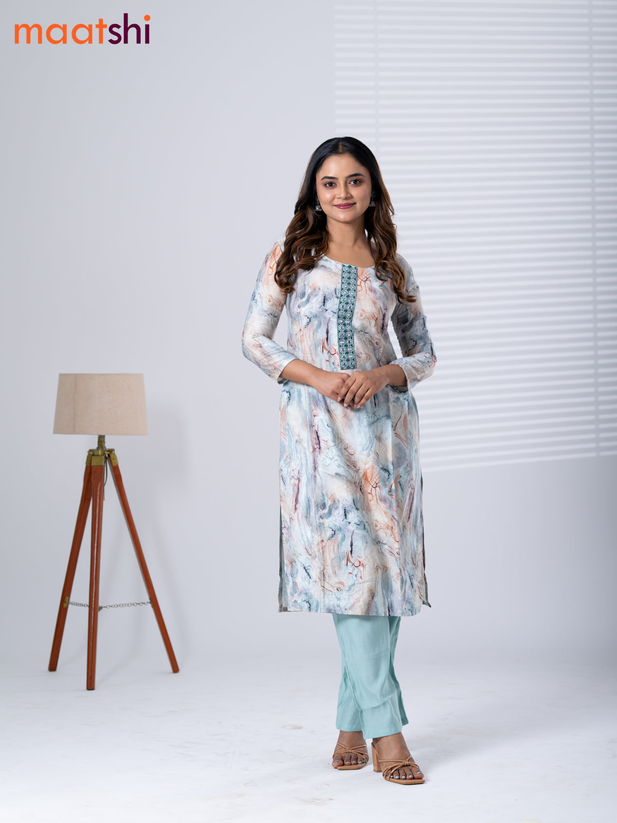 Rayon cotton readymade kurti set off white and pastel green with allover prints & embroidery mirror work neck pattern and straight cut pant