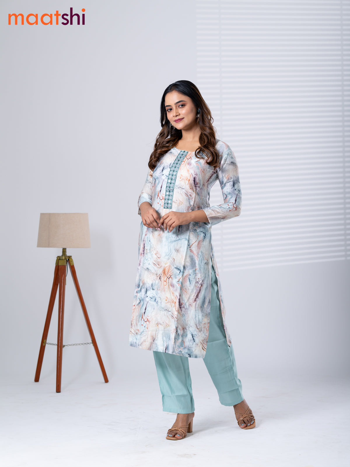 Rayon cotton readymade kurti set off white and pastel green with allover prints & embroidery mirror work neck pattern and straight cut pant