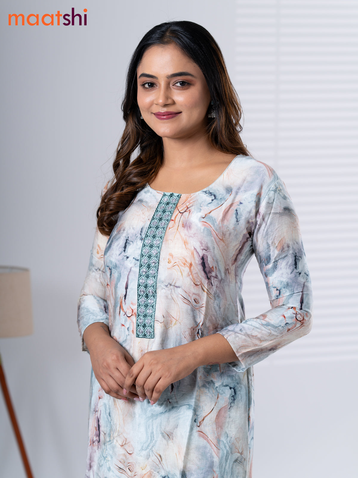 Rayon cotton readymade kurti set off white and pastel green with allover prints & embroidery mirror work neck pattern and straight cut pant