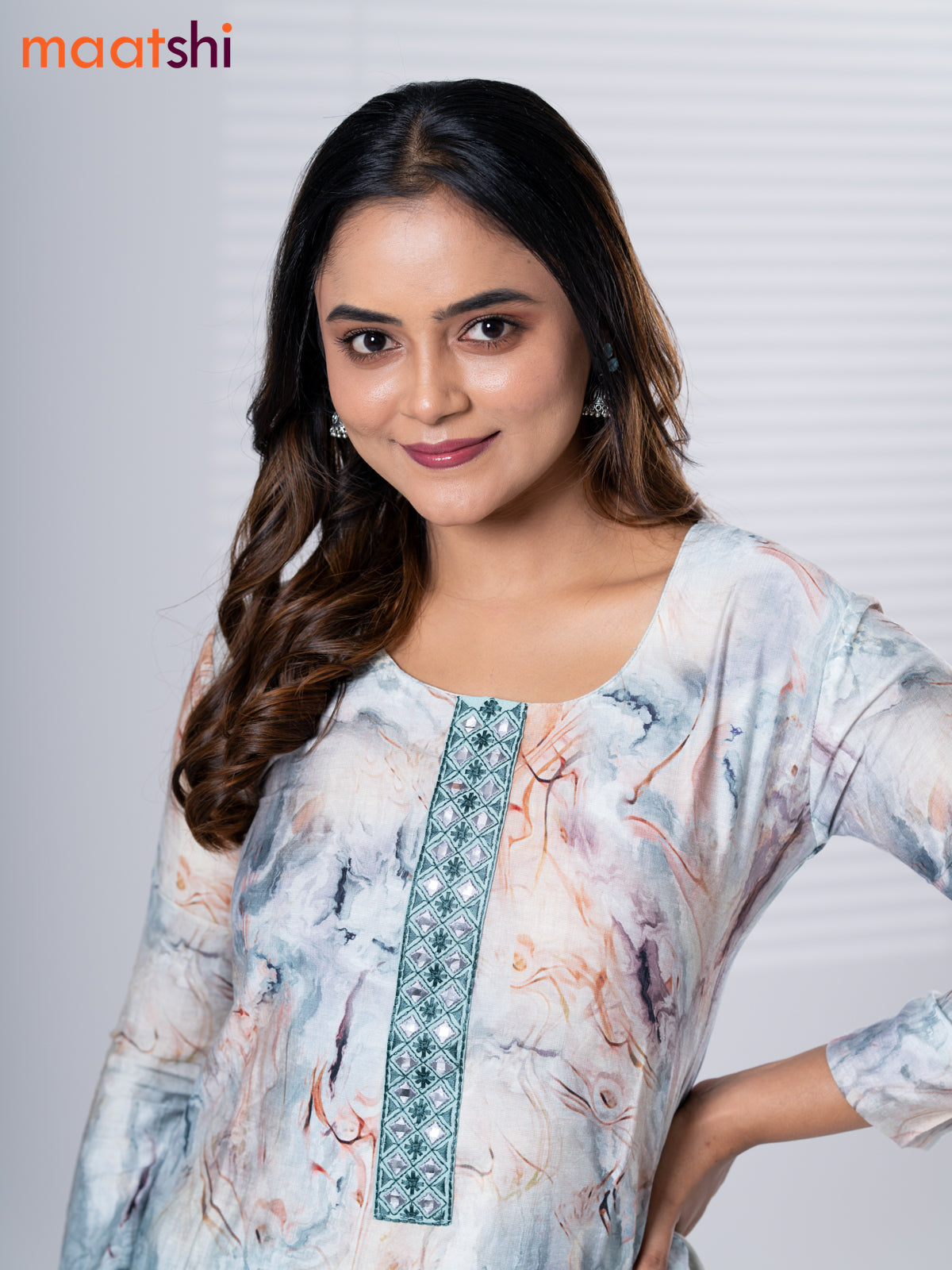 Rayon cotton readymade kurti set off white and pastel green with allover prints & embroidery mirror work neck pattern and straight cut pant