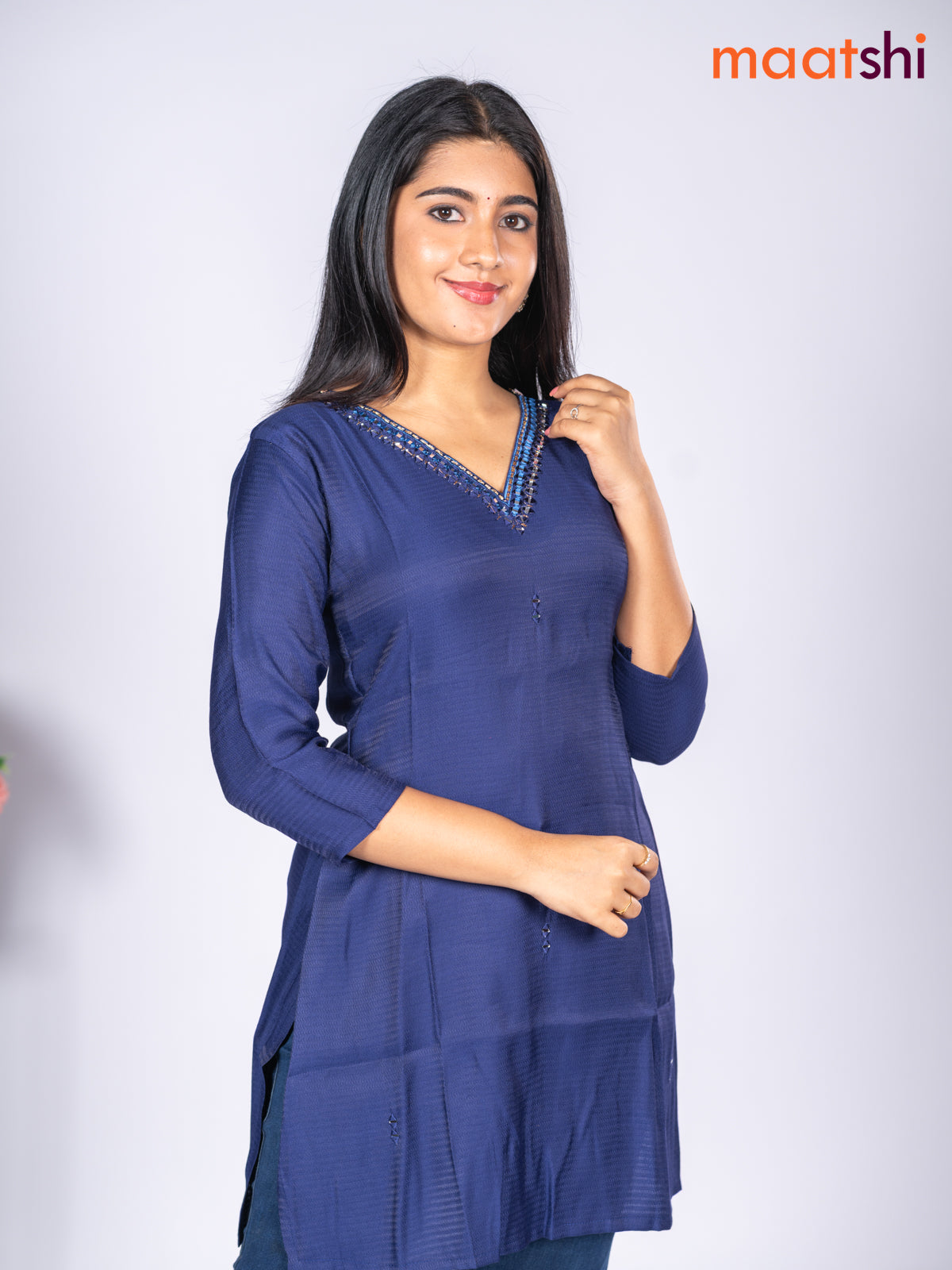 Rayon short kurti navy blue with mirror embroidery work v neck pattern without pant