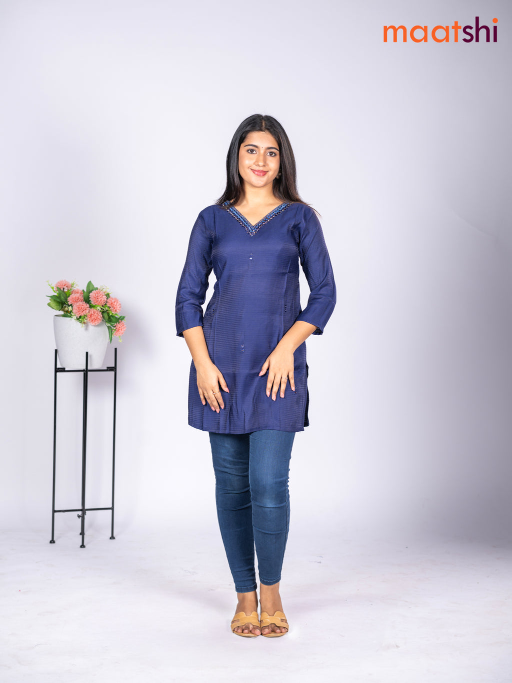 Rayon short kurti navy blue with mirror embroidery work v neck pattern without pant