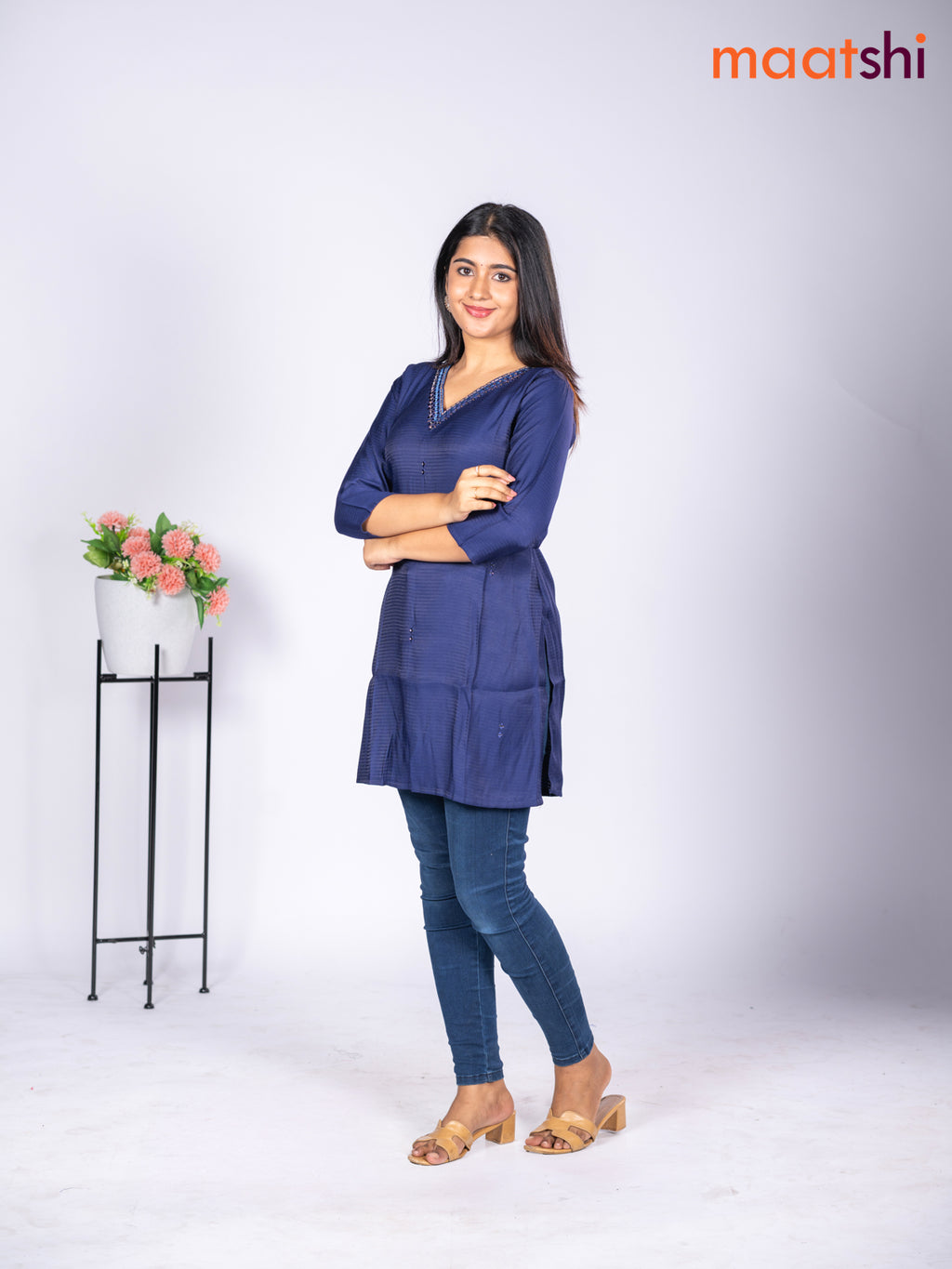 Rayon short kurti navy blue with mirror embroidery work v neck pattern without pant