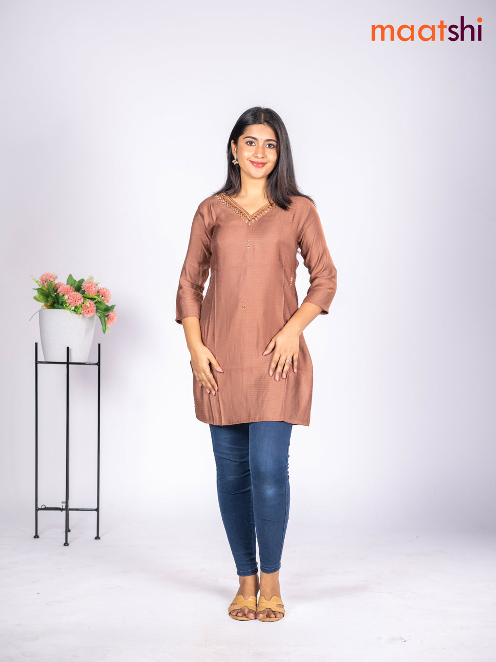 Rayon short kurti pastel brown with mirror embroidery work v neck pattern without pant