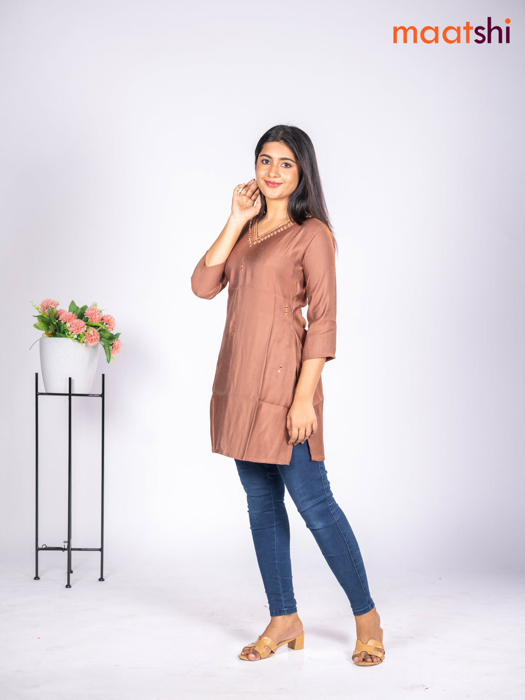 Rayon short kurti pastel brown with mirror embroidery work v neck pattern without pant