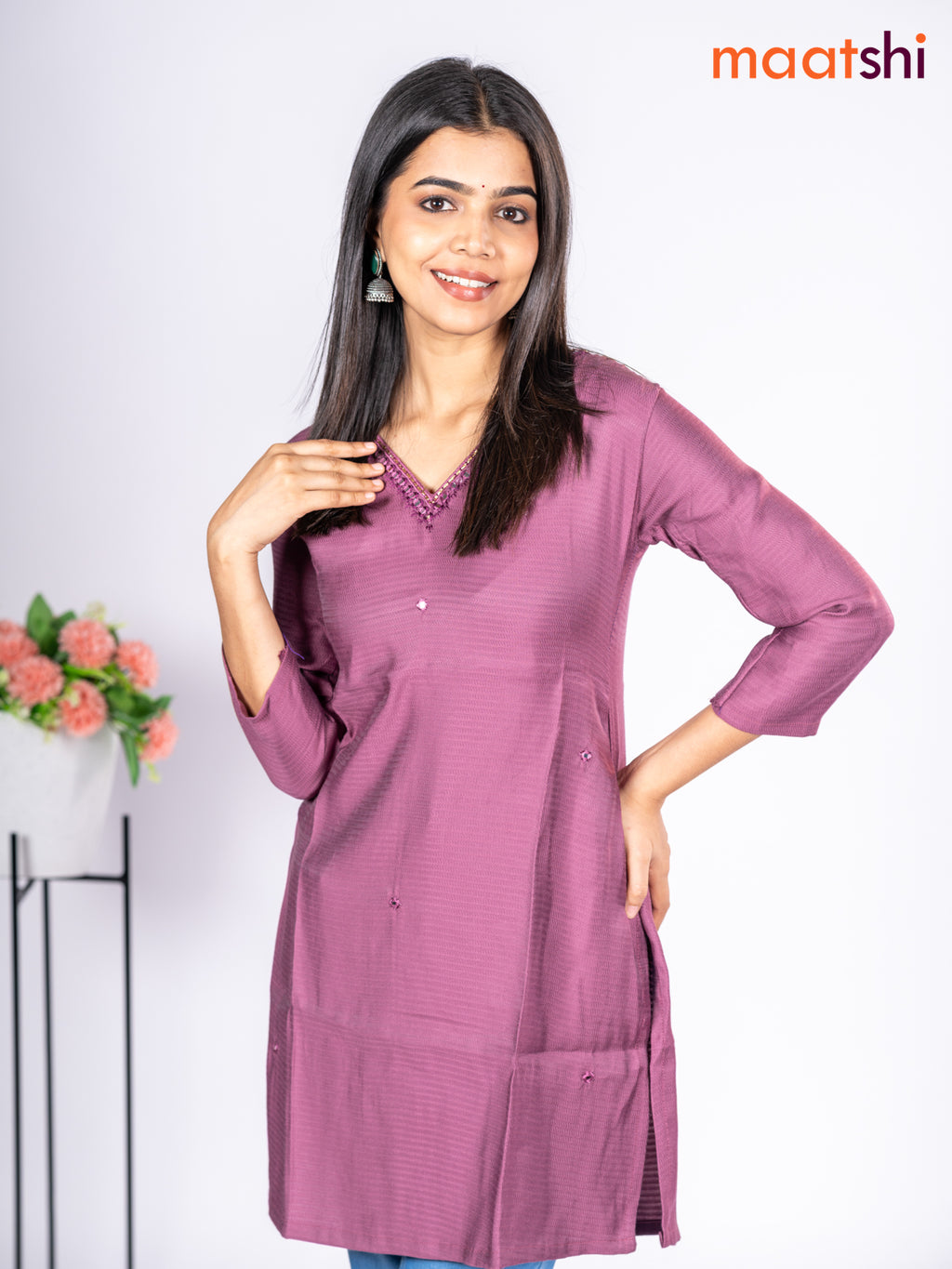 Rayon short kurti mauve pink with mirror embroidery work v neck pattern without pant