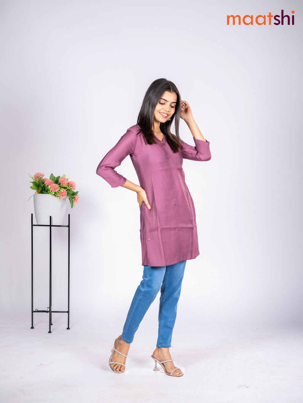 Rayon short kurti mauve pink with mirror embroidery work v neck pattern without pant