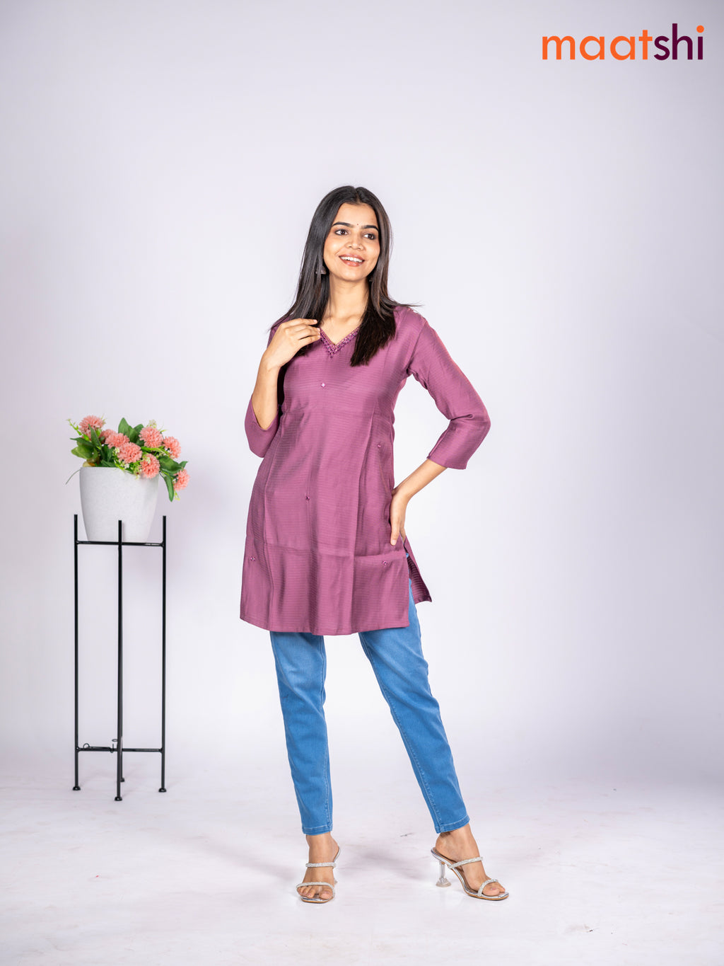 Rayon short kurti mauve pink with mirror embroidery work v neck pattern without pant