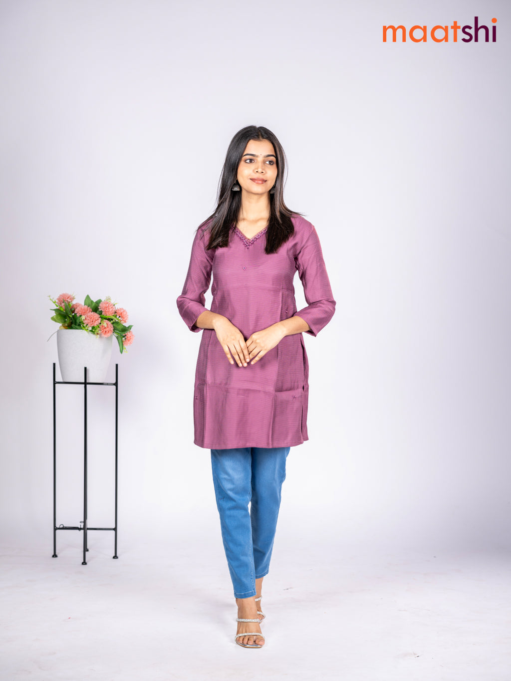 Rayon short kurti mauve pink with mirror embroidery work v neck pattern without pant