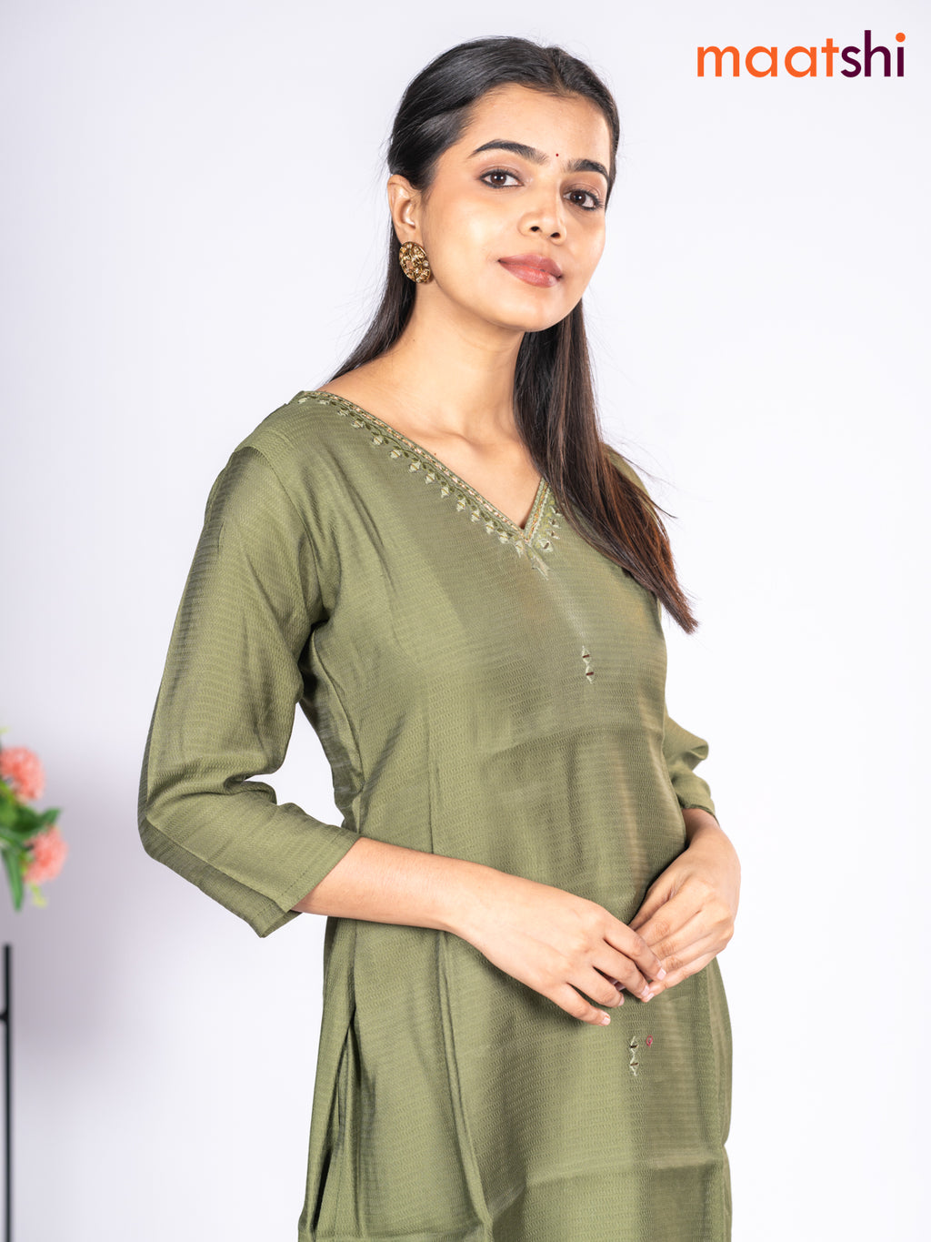 Rayon short kurti sap green with mirror embroidery work v neck pattern without pant