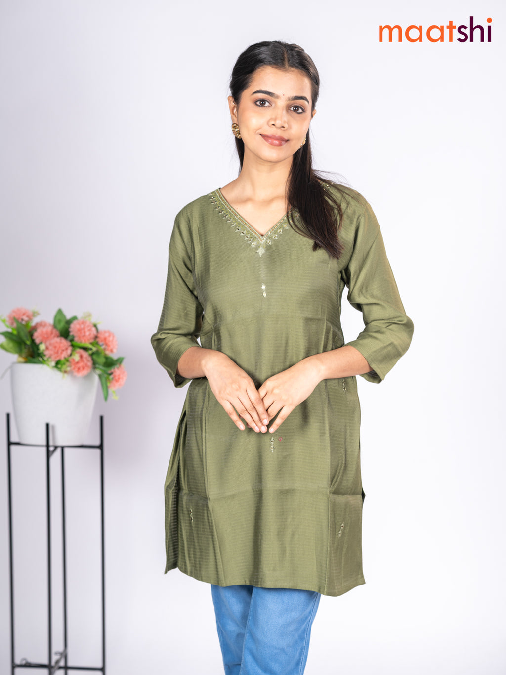 Rayon short kurti sap green with mirror embroidery work v neck pattern without pant