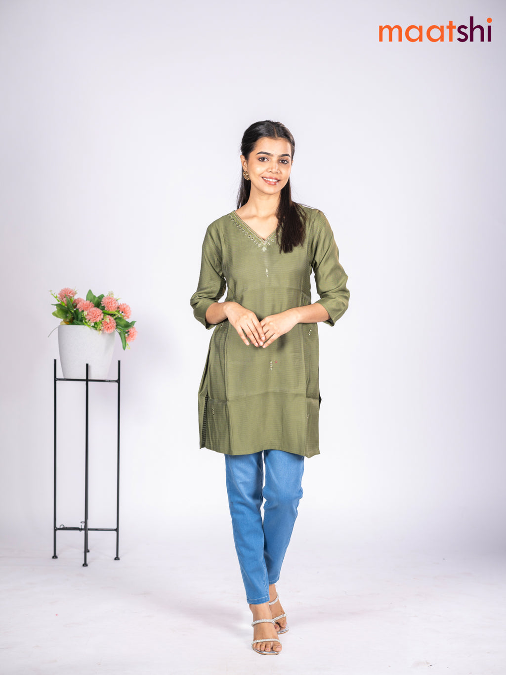 Rayon short kurti sap green with mirror embroidery work v neck pattern without pant
