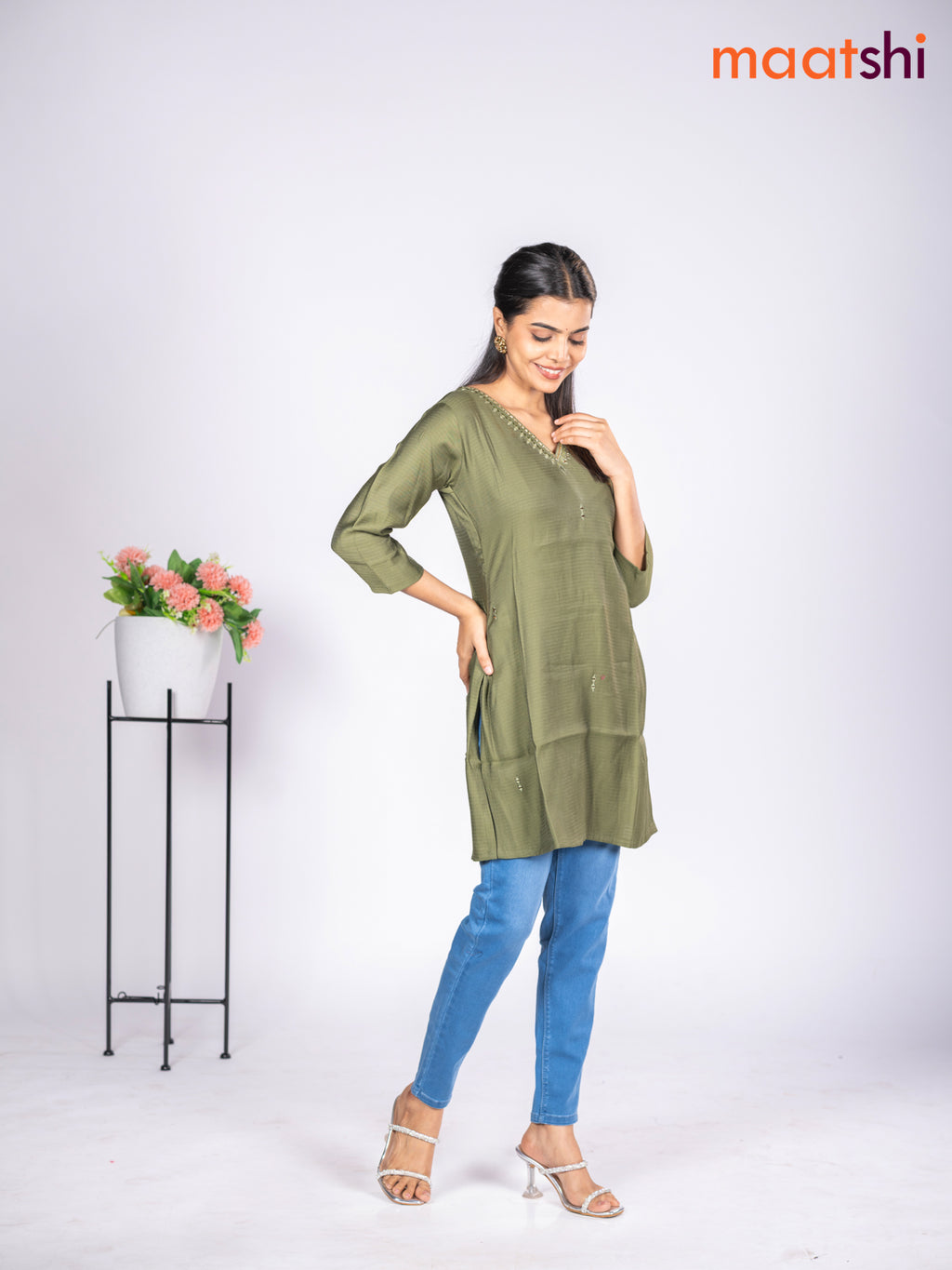 Rayon short kurti sap green with mirror embroidery work v neck pattern without pant