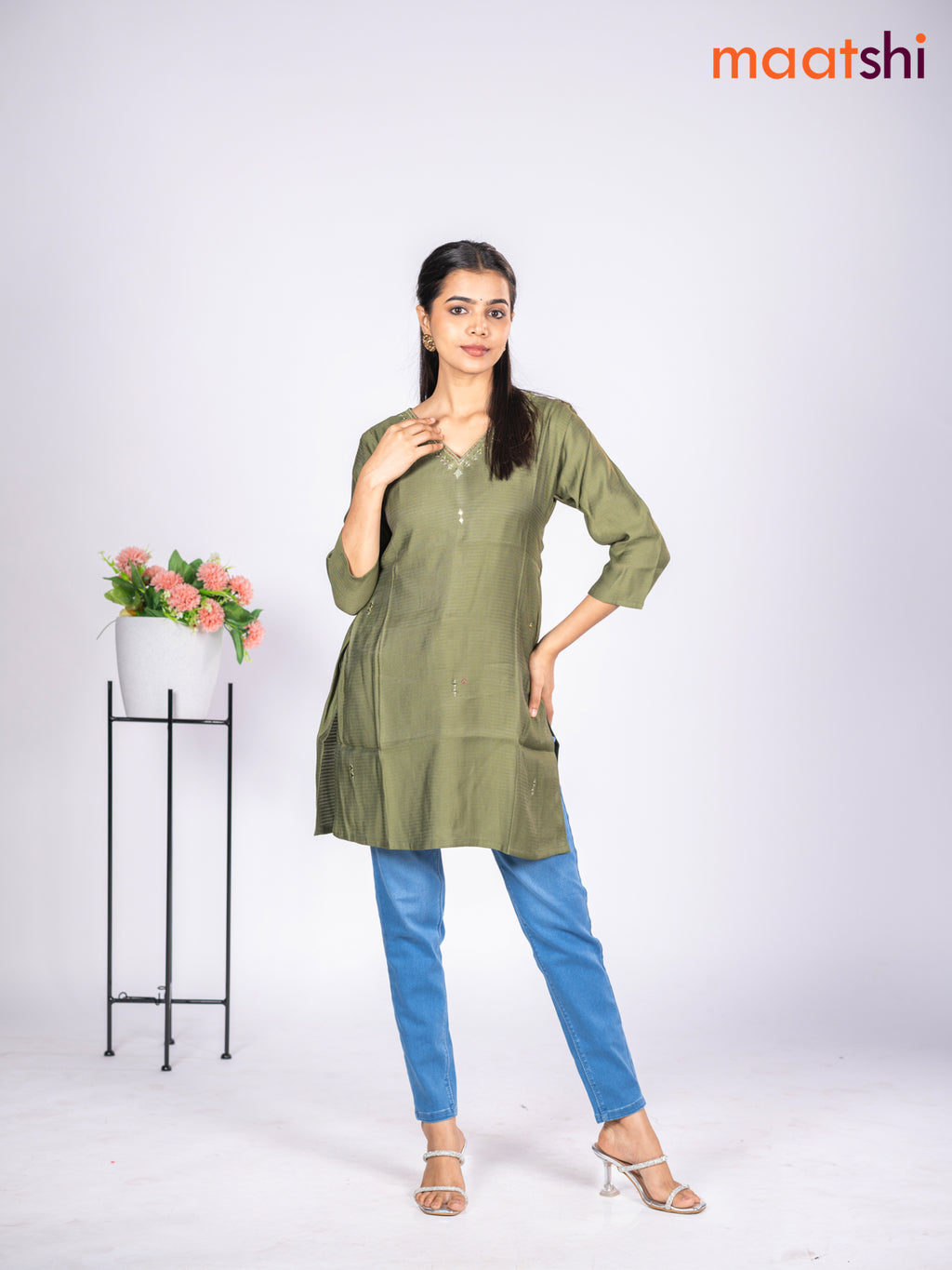 Rayon short kurti sap green with mirror embroidery work v neck pattern without pant