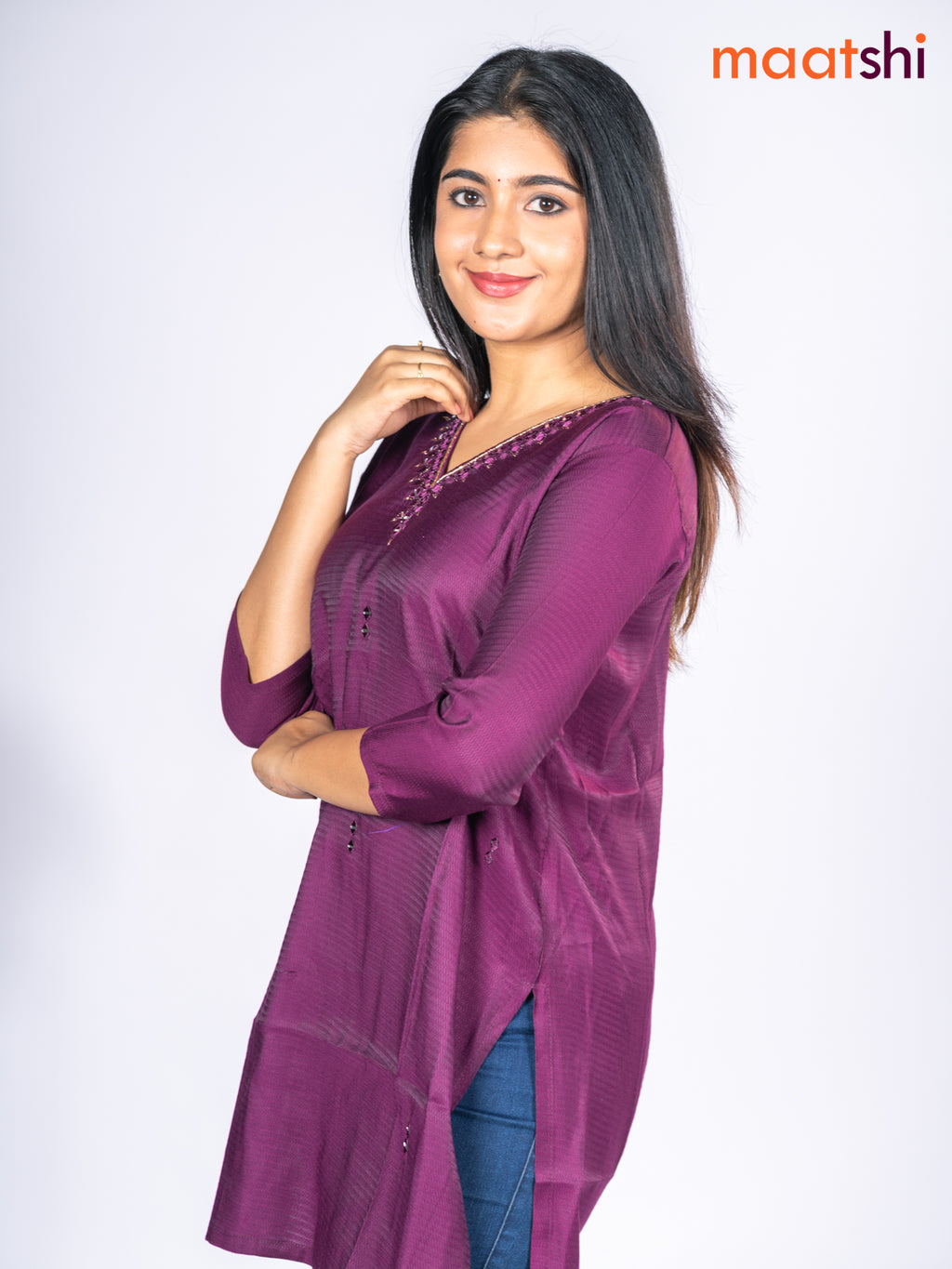 Rayon short kurti purple with mirror embroidery work v neck pattern without pant