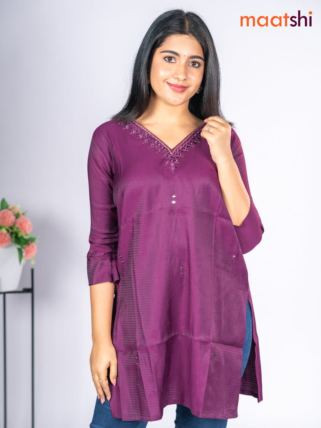 Rayon short kurti purple with mirror embroidery work v neck pattern without pant