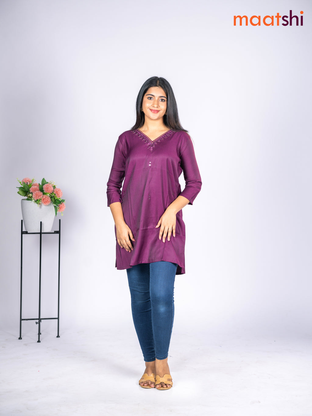 Rayon short kurti purple with mirror embroidery work v neck pattern without pant
