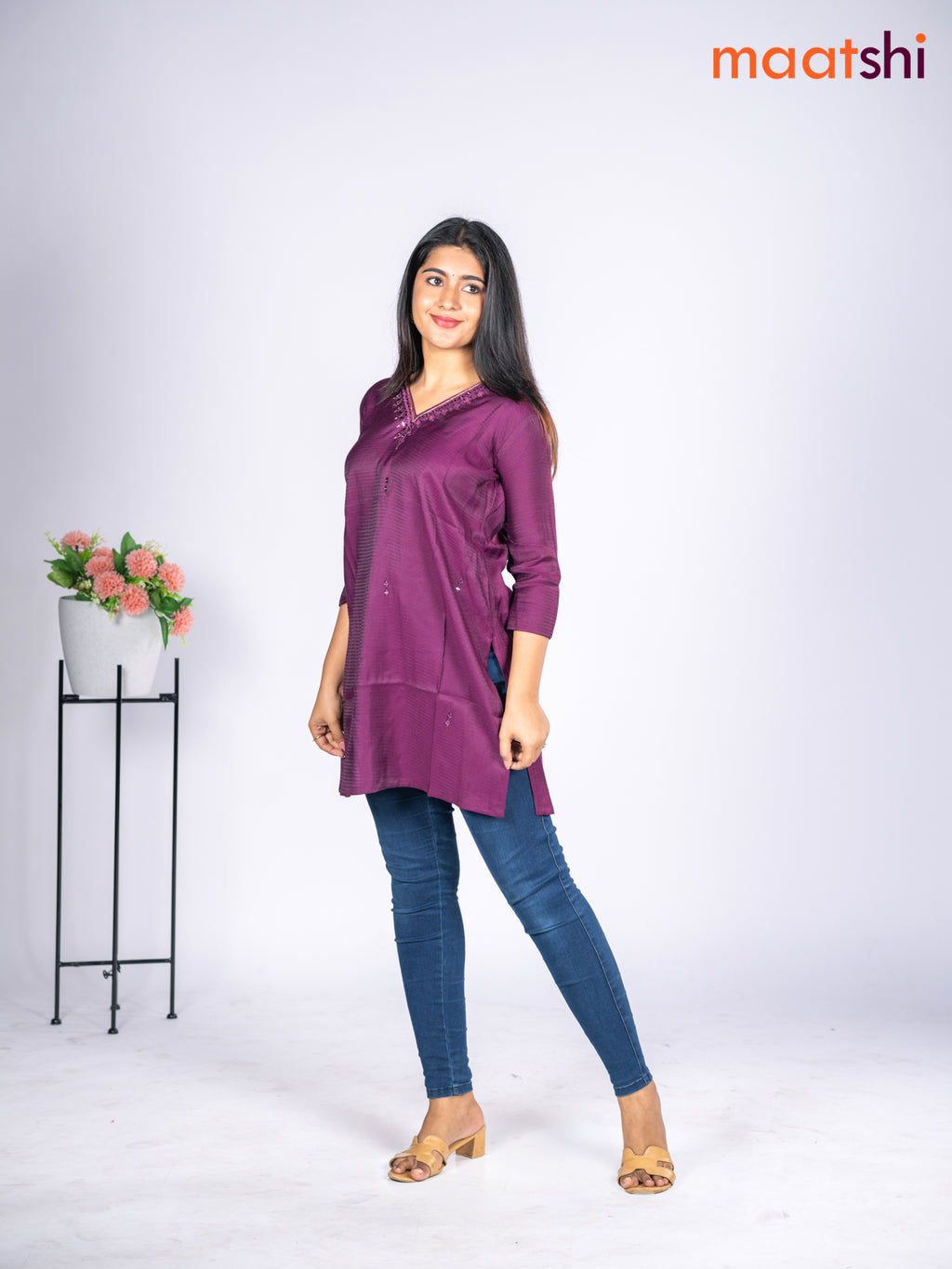 Rayon short kurti purple with mirror embroidery work v neck pattern without pant